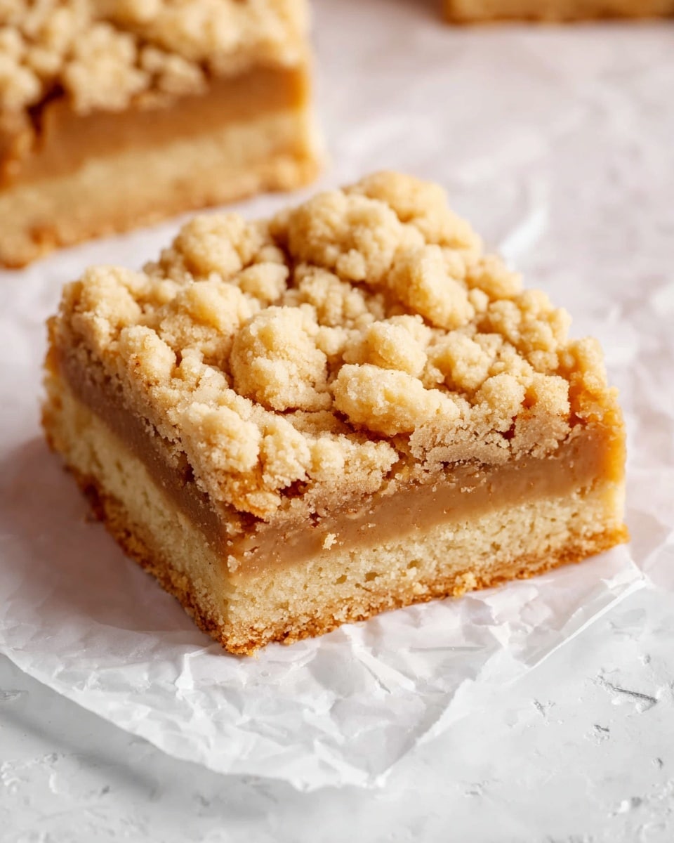 The image shows a crumb bar with three clear layers. The bottom layer is a thick crust in light golden brown with a crumbly texture. The middle layer is a smooth, lighter tan color filling, which looks soft and dense. The top layer is a loose, chunky crumb topping that is pale golden and uneven, adding a rough texture. The crumb bar is cut into a square and placed on white crumpled paper with a white marbled texture surface underneath. Photo taken with an iphone --ar 4:5 --v 7