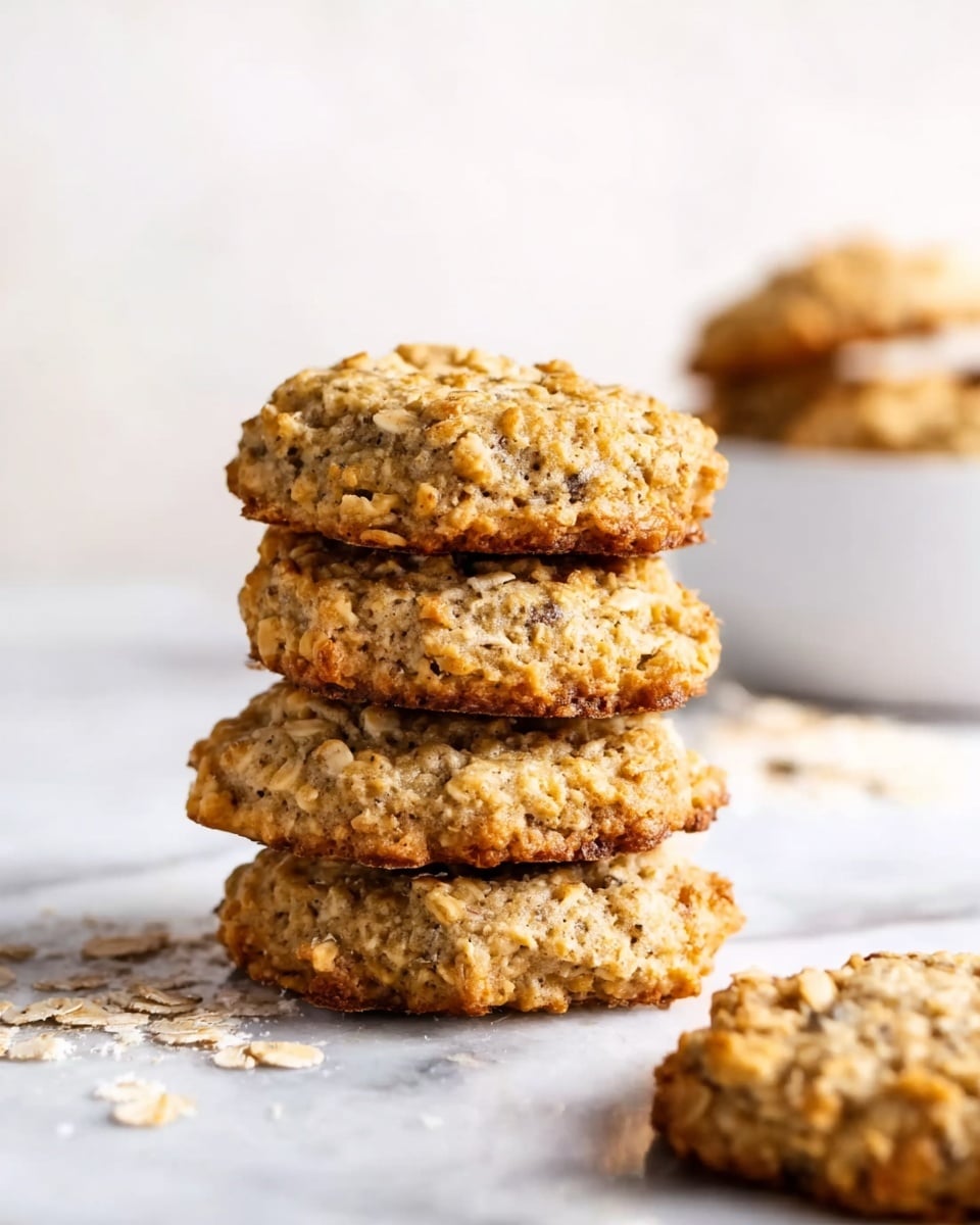 A stack of five round oatmeal cookies with visible oats and a rough, crumbly texture is placed on a white marbled surface. The cookies are golden brown with some darker spots from baking. Around the stack, there are a few scattered oat flakes and crumbs. In the blurred background, there is a white bowl slightly filled with more cookies. The background is simple with a light white wall. photo taken with an iphone --ar 4:5 --v 7