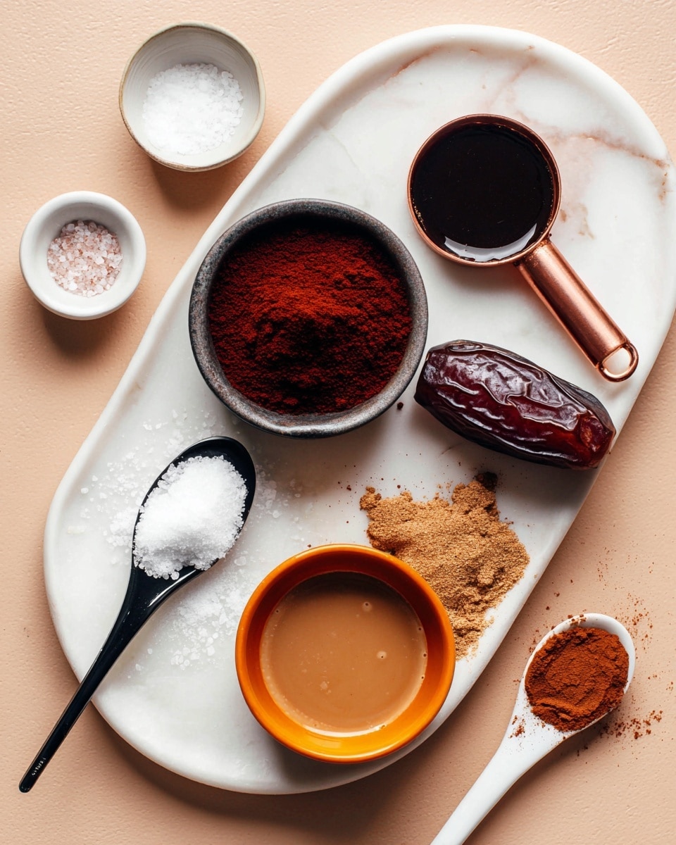 The image shows a white oval-shaped plate on a white marbled surface, holding several cooking ingredients. In the center, there is a small dark bowl filled with dark red cocoa powder. Above the bowl, a small copper measuring spoon with a wooden handle contains a dark liquid. Next to it, on the right side, there is a shiny dark brown date fruit. Below the date, a small round orange bowl holds a light brown liquid, with a little spilled on the plate. On the left side of the cocoa bowl, there is a black spoon with coarse white salt, and below it, a white spoon with ground brown cinnamon, some of which is spilled on the plate. Around the plate, there are two small white bowls, one with coarse white salt and one with fine white sugar. Photo taken with an iphone --ar 4:5 --v 7