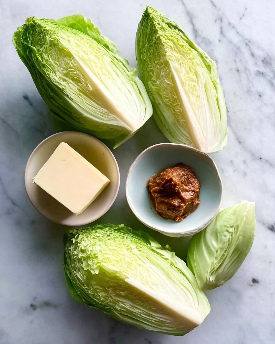 The image shows four wedges of pale green cabbage with fresh green outer leaves, arranged around a small white bowl with a cream block of butter and a pile of brown paste or sauce inside. The items are placed on a surface with a white marbled texture, enhancing the fresh and clean look of the ingredients. photo taken with an iphone --ar 4:5 --v 7