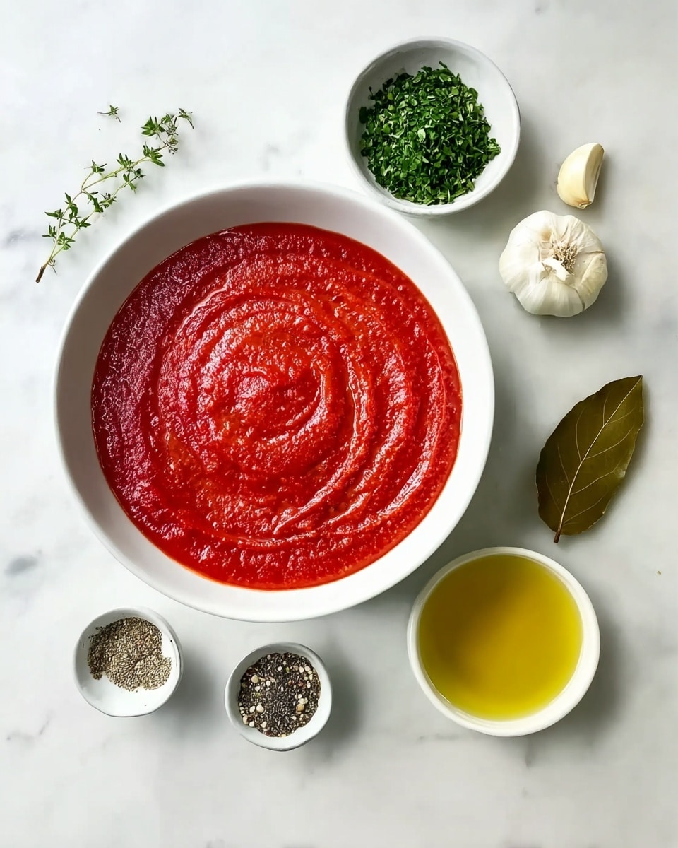 A white shallow bowl filled with smooth bright red tomato sauce swirled on top sits in the center on a white marbled surface. Around it are small white bowls and containers: one with finely chopped green herbs at the top right, one with yellow olive oil at the bottom right, a small dish with ground black pepper at the bottom left, and another with dried herbs or seasoning next to it. A whole bay leaf is placed on the surface to the right of the tomato sauce, and two cloves of garlic rest on the surface above to the left. The photo taken with an iphone --ar 4:5 --v 7