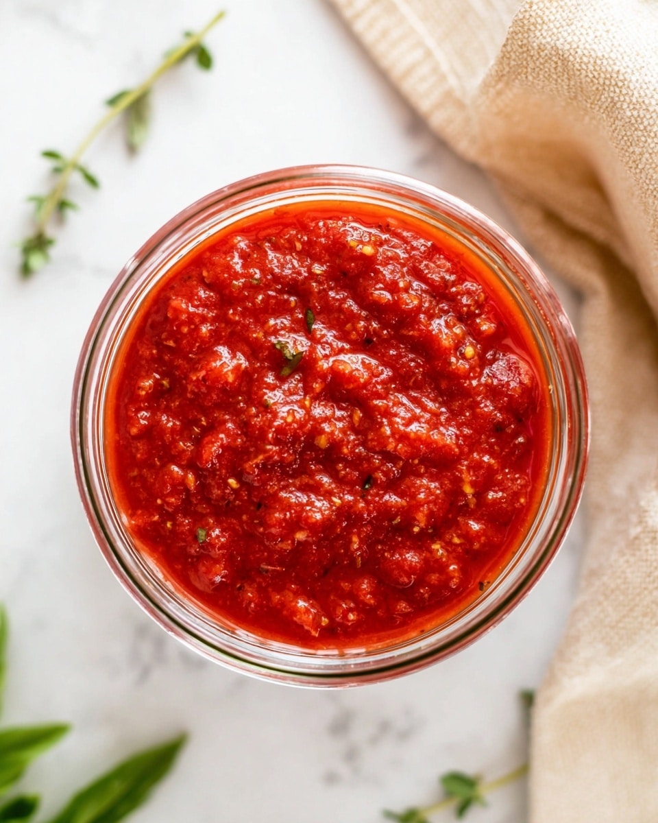 A clear glass bowl filled with thick, chunky red sauce that has a slightly textured surface with small bits of herbs and tomatoes visible. The bowl sits on a white marbled texture surface with a few scattered green leaves around it, hinting at fresh herbs. In the top right corner, there is a soft beige cloth casually placed, adding a cozy touch. The shot is taken from above, showing the vibrant red sauce clearly inside the bowl photo taken with an iphone --ar 4:5 --v 7