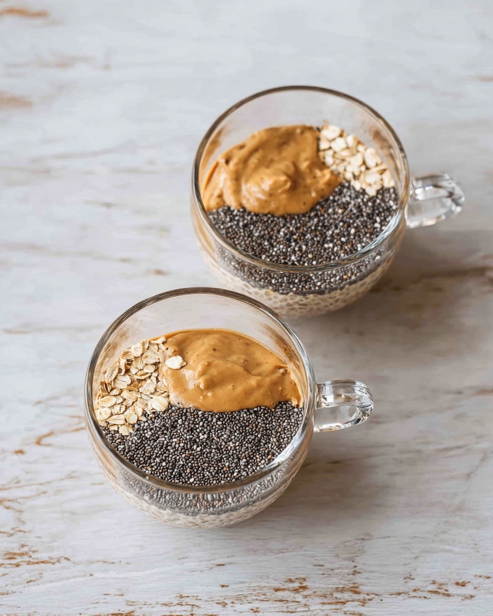 Two clear glass cups sit on a white marbled surface, each filled with three visible layers: the bottom layer is beige oats scattered unevenly, the middle layer is a dense, black chia seed layer covering most of the oats, and the top layer is a smooth, thick, light brown nut butter that partially covers the chia seeds. The cups have handles, are seen from above, and the texture of the layers contrasts between rough oats, small seeds, and creamy nut butter. Photo taken with an iphone --ar 4:5 --v 7