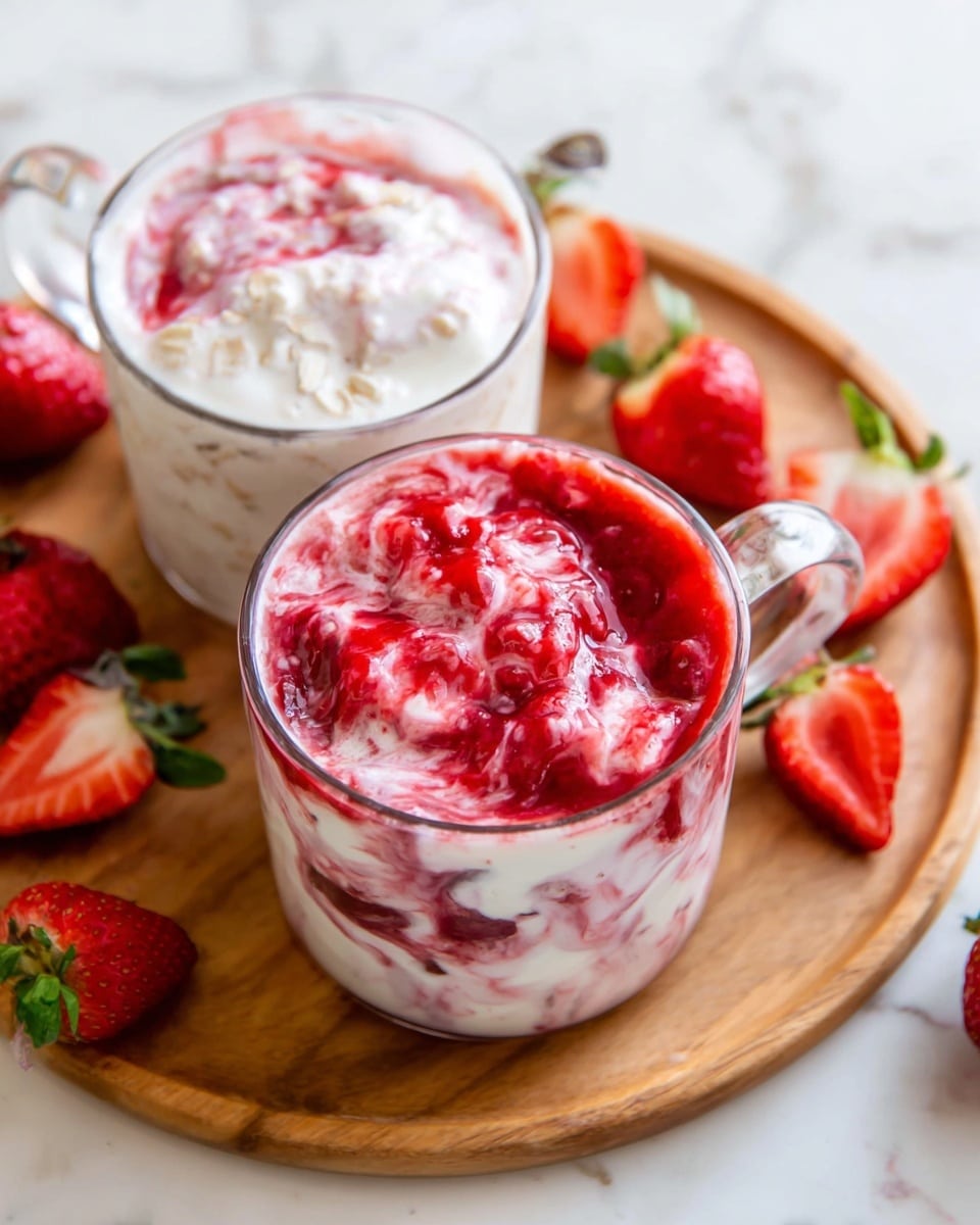 Two clear glass mugs filled with a creamy mix of white yogurt swirled with bright red strawberry sauce, showing a thick texture from oats in one mug. The mugs sit on a round wooden board placed on a white marbled surface. Around the mugs, there are fresh whole and sliced strawberries with green leaves, adding natural red and green colors to the scene. The yogurt layers mix smoothly with the strawberry sauce in varied patterns, creating a fresh and inviting look. Photo taken with an iphone --ar 4:5 --v 7