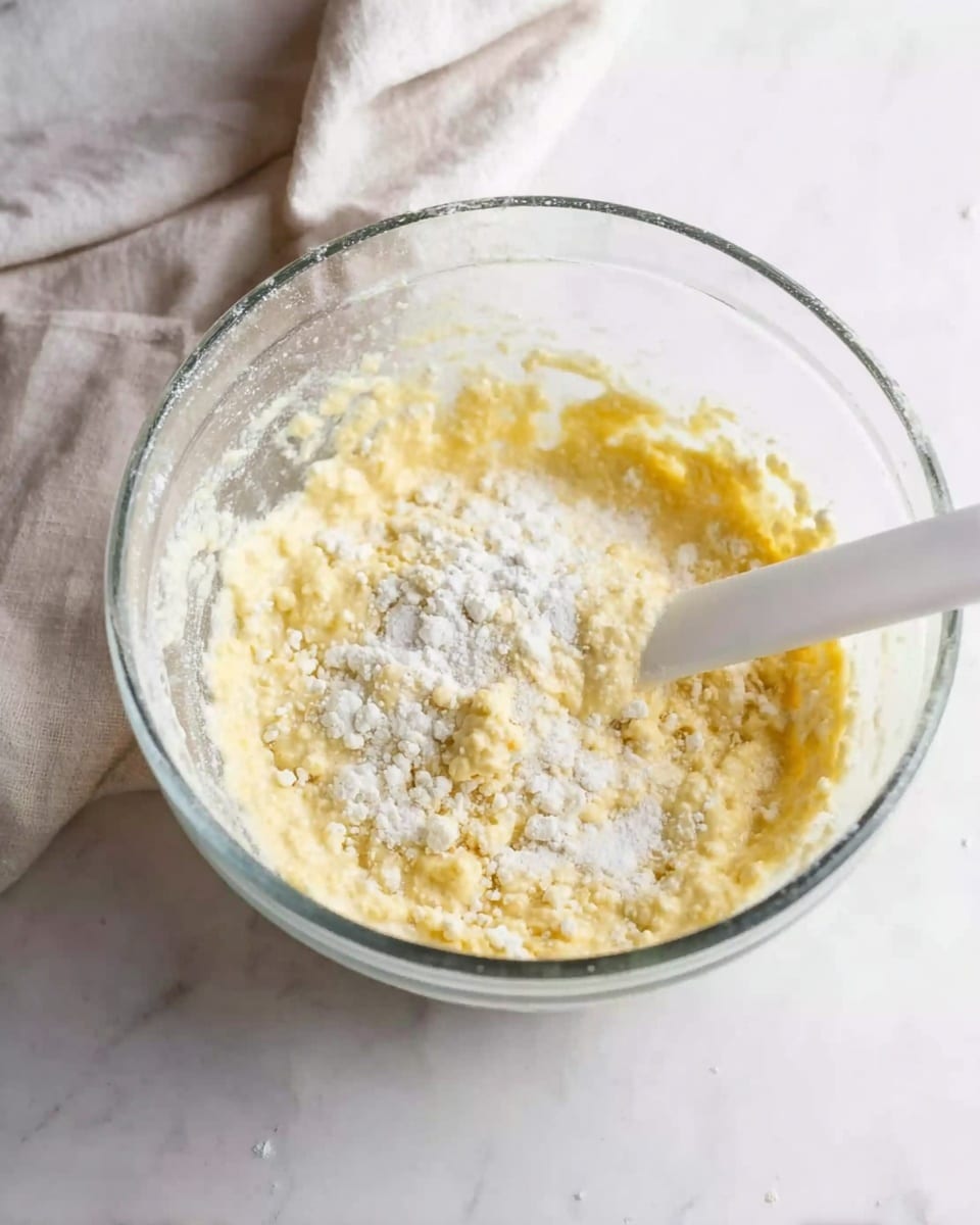 A clear glass mixing bowl sits on a white marbled surface, filled with a light yellow, lumpy batter that has white powder sprinkled unevenly on top. Inside the bowl, a white spatula is partially dipped into the mixture on the right side, angled downward. The batter has a wet texture with small, soft lumps visible throughout. The background includes a folded light cloth in a soft neutral color, adding a soft touch to the scene. photo taken with an iphone --ar 4:5 --v 7