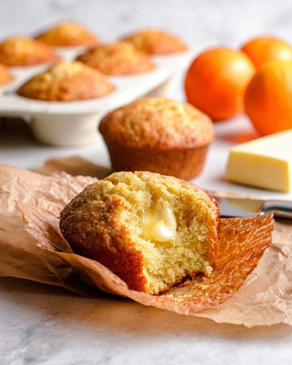 A golden brown muffin is split open on crinkled brown parchment paper, revealing its soft, moist inner texture with a small pat of melting butter inside. The muffin’s top is textured with a slightly rough crust, while behind it a white muffin tray holds several more muffins in a row, each with a similar golden top. Two bright orange round fruits and a pale yellow block of butter are blurred in the background, all set on a white marbled surface. A silver butter knife rests near the muffin, catching some light. Photo taken with an iphone --ar 4:5 --v 7