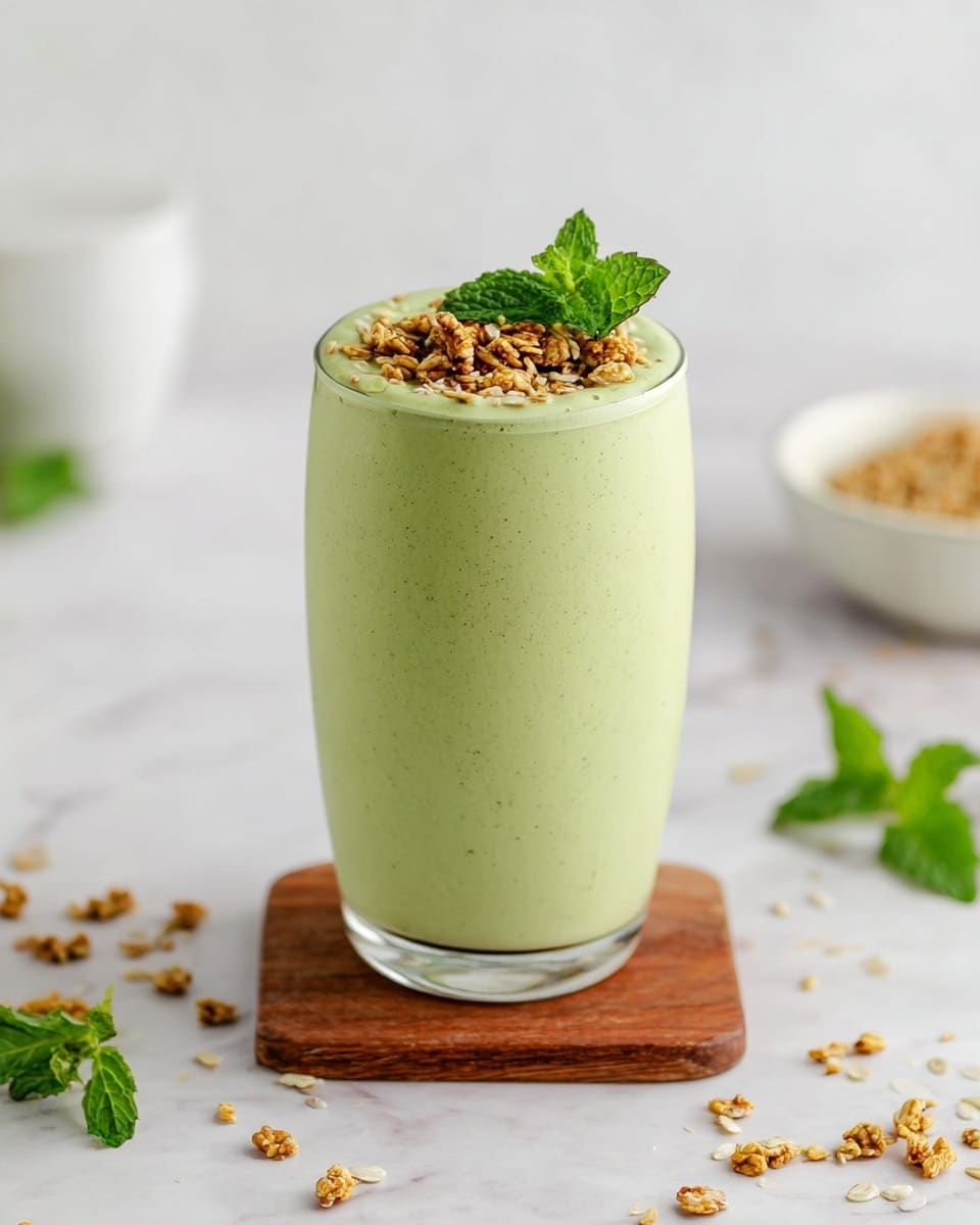 A tall glass filled with a smooth light green smoothie stands on a small wooden board over a white marbled surface. The top layer of the smoothie is decorated with small clusters of light brown granola and two fresh green mint leaves that add a pop of color. The background is softly blurred with a white object and a white bowl containing more granola or seeds, making the green smoothie the focus. Scattered pieces of granola and green mint leaves lay loosely on the white marbled surface, adding texture and detail. Photo taken with an iphone --ar 4:5 --v 7