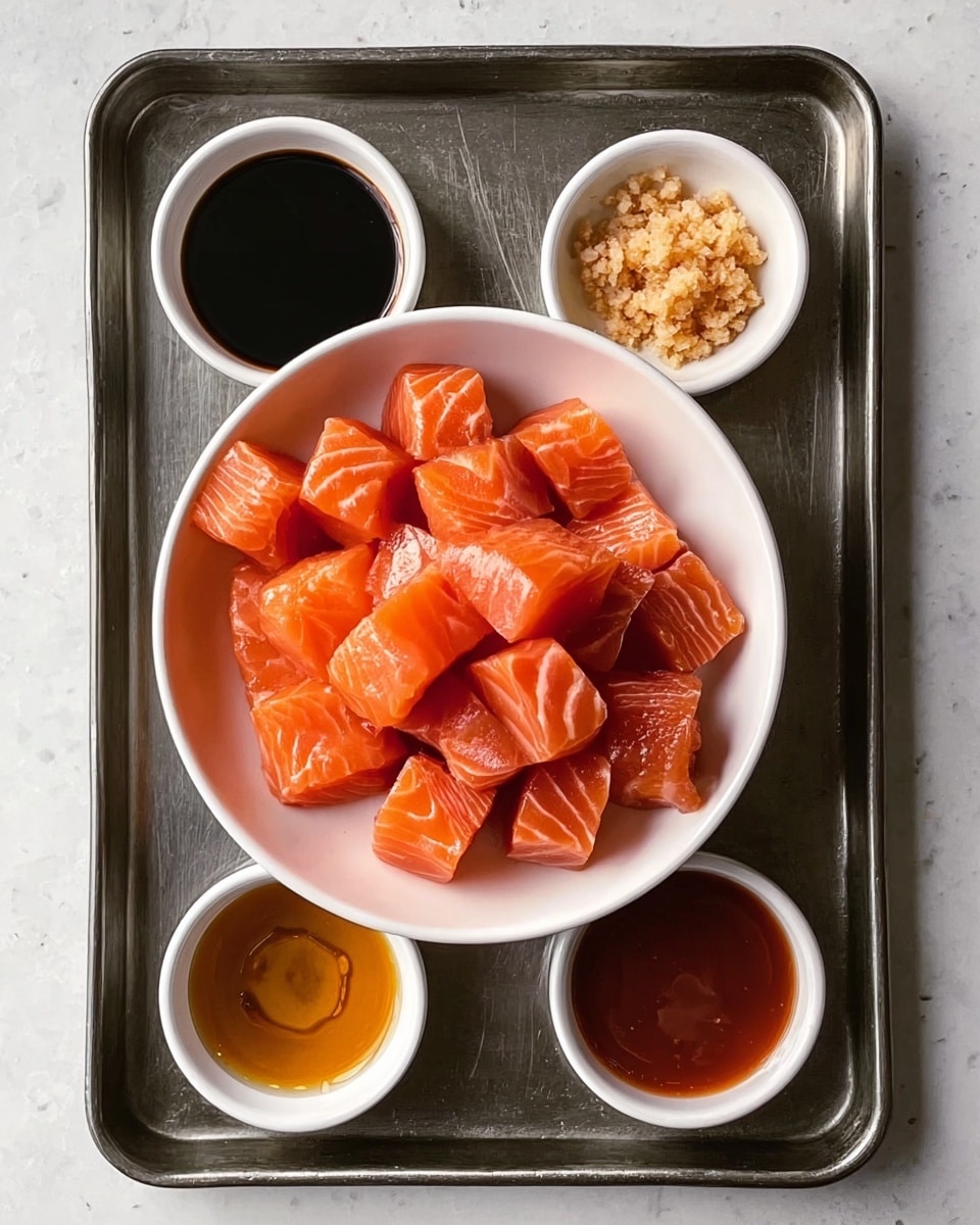 A large white bowl sits near the center of a dark metal tray, filled with many bright orange cubes of raw salmon, each piece showing smooth, shiny texture with white lines running through. Around the bowl are four small white dishes, placed evenly on the tray. The dish at the top right holds thick, light brown minced garlic. The top left dish contains dark soy sauce, almost black in color and glossy. The bottom left dish holds a golden-brown liquid with a smooth surface, likely a type of oil or sauce. The bottom right dish has a reddish-brown thick sauce with a shiny texture. The tray rests on a white marbled surface. photo taken with an iphone --ar 4:5 --v 7