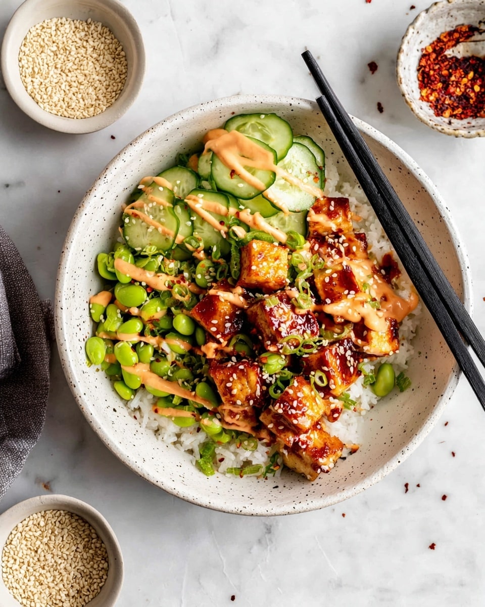 A bowl shows four main layers: the bottom layer is white rice with fluffy texture, the second layer features thin cucumber slices and bright green edamame scattered on top, the third layer has small, caramel-colored cubes of grilled tofu coated in a shiny sauce, and the final top layer is a drizzle of creamy light orange sauce and sprinkled white sesame seeds with some red chili flakes. The bowl is white with speckles, placed on a white marbled surface, with black chopsticks resting on the edge. Nearby, there are two small white bowls filled with sesame seeds and crushed red pepper flakes. Photo taken with an iphone --ar 4:5 --v 7