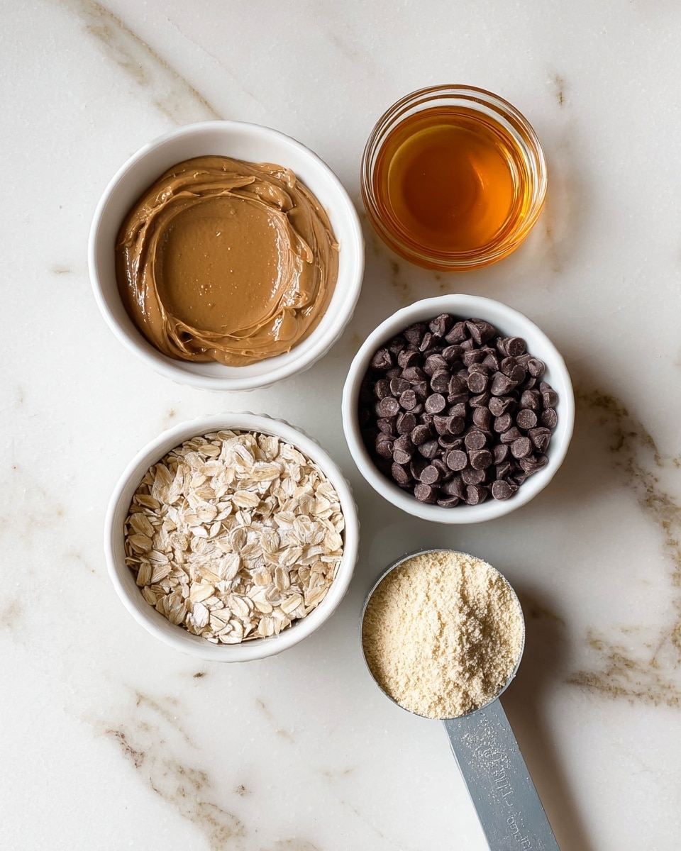 The image shows five different ingredients arranged on a white marbled surface. At the top left, there is a white bowl filled with smooth brown peanut butter. To the right of it, a small clear glass contains amber-colored honey with a shiny surface. Below the peanut butter, another white bowl holds light beige rolled oats with a rough texture. To the right of the oats, a white measuring cup with a gray handle is filled with dark chocolate chips that look round and shiny. Next to the chocolate, a smaller white measuring cup with a gray handle contains fine light yellow powder that looks like protein powder or flour. photo taken with an iphone --ar 4:5 --v 7