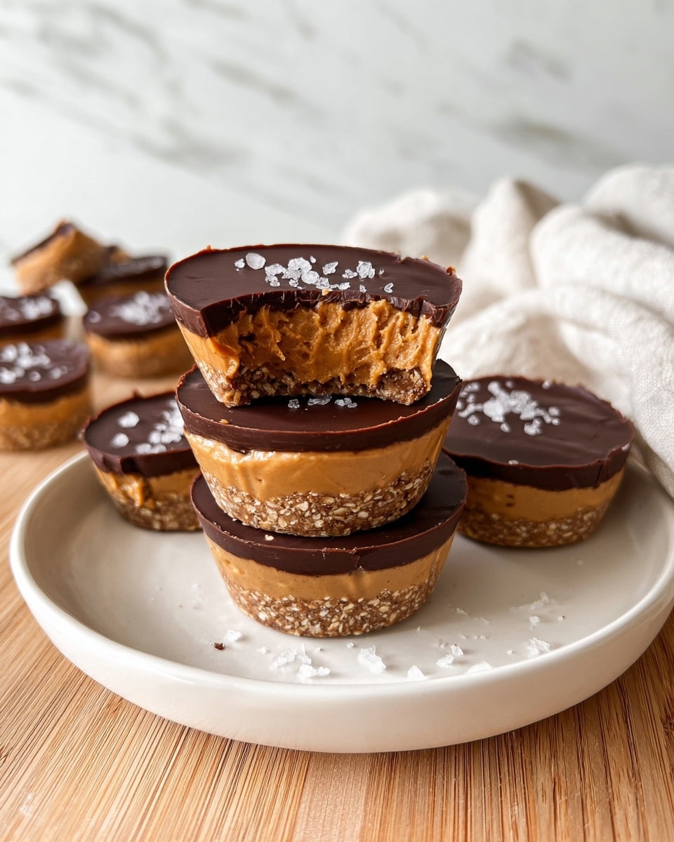 A white round plate holds a stack of three small dessert cups, each with three clear layers: a textured, light brown oat base on the bottom, a smooth, creamy peanut butter middle layer in a golden tan color, and a shiny dark chocolate top layer sprinkled with coarse salt flakes. One dessert cup on the top has a large bite taken out, showing the soft peanut butter and oat layers inside. Around the plate, other whole and halved dessert cups display the same three layers, with the dark chocolate top smooth and glossy. The plate rests on a light wooden surface, with a white marbled texture background and soft natural light. Photo taken with an iphone --ar 4:5 --v 7