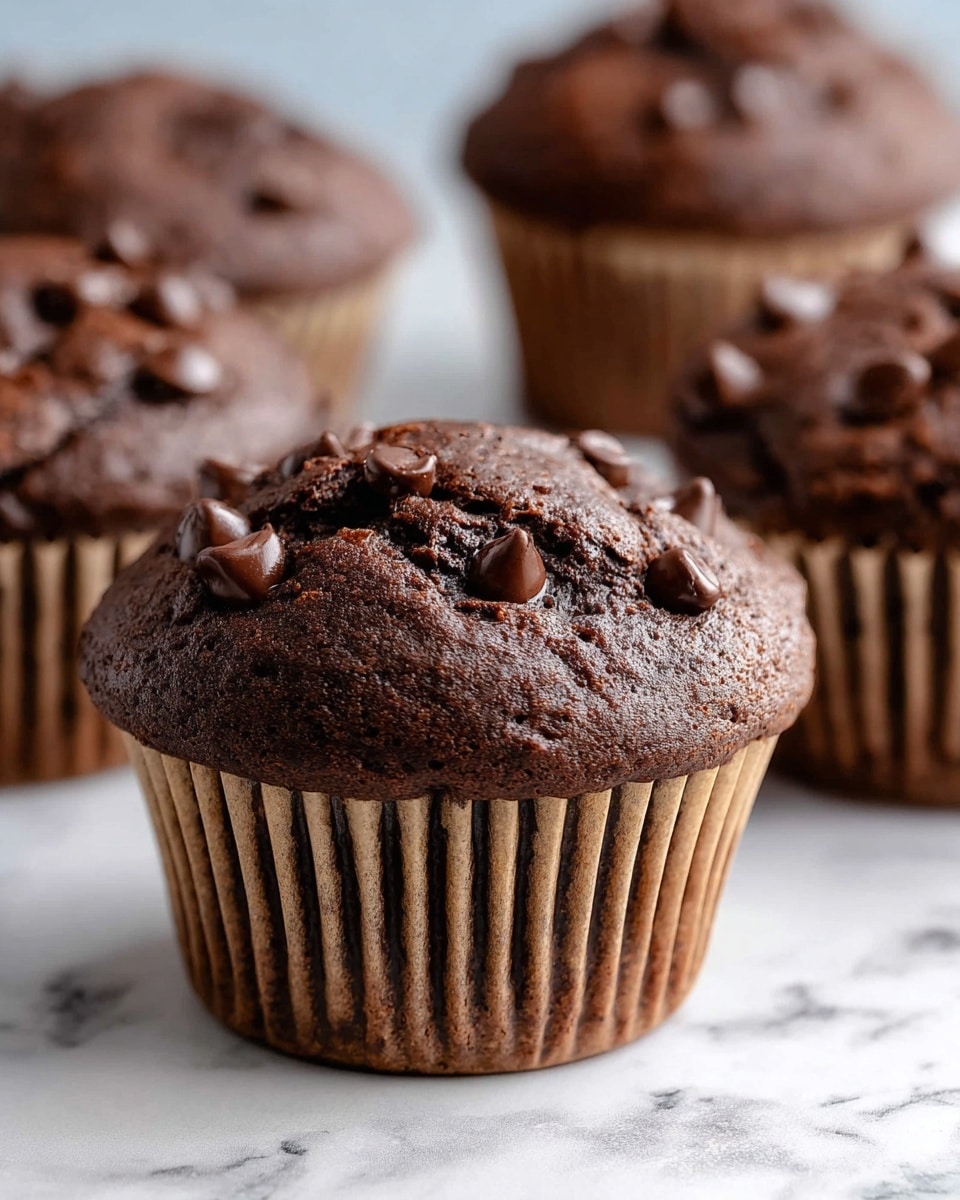 The image shows a close-up of several chocolate muffins placed on a surface with a white marbled texture. The muffins have a rich dark brown color with a slightly cracked top layer and scattered chocolate chips embedded on top. Each muffin is held within a ridged light brown paper cup that contrasts with the dark muffin. The soft, dense texture of the muffins is visible with a few melting spots on some chocolate chips, suggesting a fresh bake. The background is blurred, keeping the focus on the muffins in the foreground. photo taken with an iphone --ar 4:5 --v 7