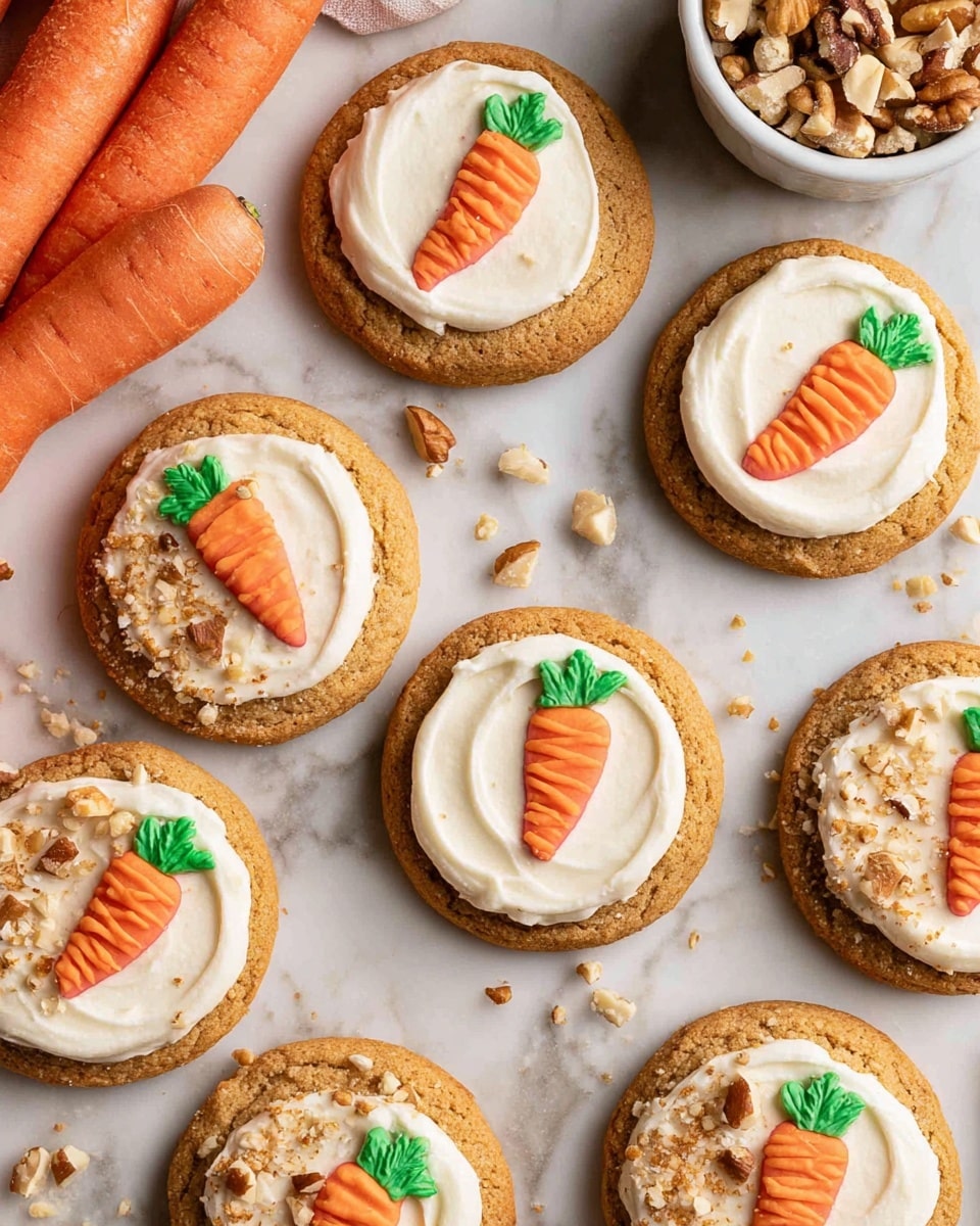 The image shows several round cookies arranged on a white marbled surface. Each cookie has two layers: a golden brown cookie base with a slightly rough texture, and a thick layer of creamy white frosting on top. The frosting is decorated with a small, bright orange carrot-shaped icing with ridges, and a small green icing leaf beside it. There are also small pieces of crushed nuts sprinkled evenly over the frosting on each cookie. To the left side of the cookies, there are whole fresh carrots and a small white bowl filled with chopped nuts. photo taken with an iphone --ar 4:5 --v 7