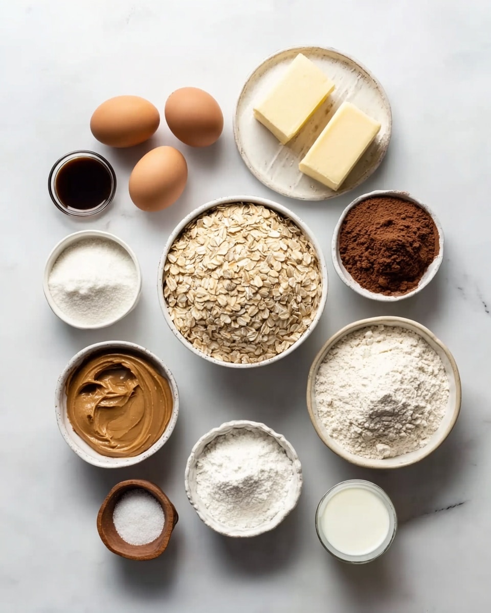 The image shows a white marbled surface with various baking ingredients neatly arranged. There are two brown eggs near the top left, a small bowl of dark vanilla extract to their right, and three blocks of pale yellow butter stacked in the center. Below the eggs is a white bowl filled with smooth light brown peanut butter, and next to it is a large white bowl filled with light brown rolled oats. To the right of the oats is a small white bowl of dark brown cocoa powder. Above the cocoa is a large white bowl packed with white powdered sugar. Near the bottom left is a white bowl filled with white granulated sugar, next to it is another white bowl with light brown sugar. To the right of the brown sugar are two small wooden bowls, one with white salt and the other with white baking soda. Finally, there is a small glass with light cream-colored milk near the bottom right. Everything is clear and well spaced. Photo taken with an iphone --ar 4:5 --v 7