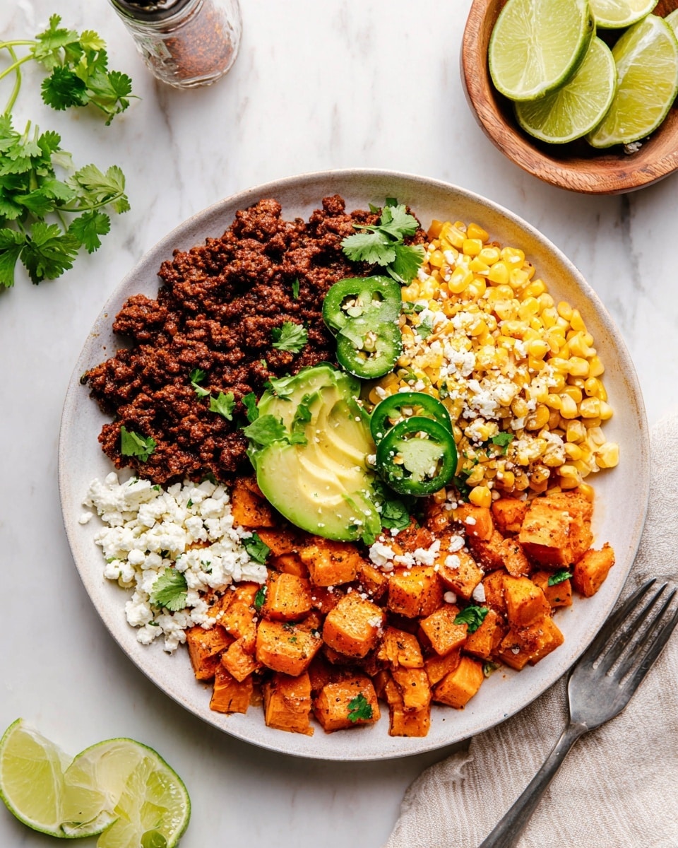 A white plate with four separate layers of food arranged side by side: dark brown cooked ground meat with crumbly white cheese on top at the bottom, orange roasted cubed sweet potatoes sprinkled with white cheese on the right, yellow corn mixed with creamy sauce and herbs on the left, and bright green sliced avocado with fresh cilantro leaves and a lime wedge on top near the center. A few slices of green jalapeño peppers sit between the meat and sweet potatoes. The plate sits on a white marbled surface with lime wedges in a small wooden bowl and a spice bottle nearby. Photo taken with an iphone --ar 4:5 --v 7
