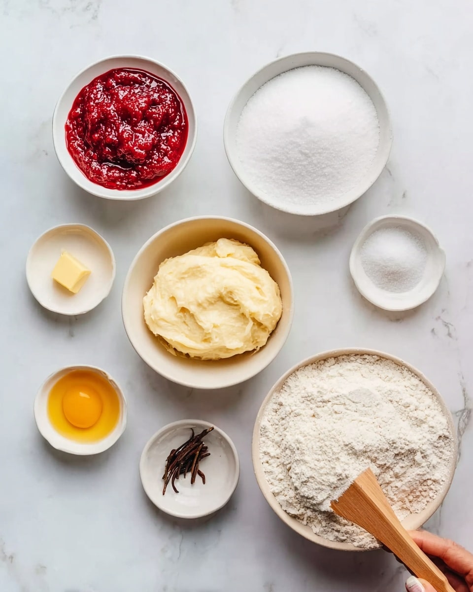 The image shows six white bowls and a woman's hand holding a wooden brush, all placed on a white marbled surface. The top left bowl contains a bright red jam with a textured surface. To the top right, there is a white bowl full of fine, white sugar. In the center is a white bowl with smooth, pale yellow butter. Below the butter bowl to the left is a small white bowl with a golden yellow liquid, likely an egg yolk, and next to it is a tiny white bowl with dark brown vanilla beans or seeds. At the bottom right, there is a large white bowl filled with white flour. The overall scene shows baking ingredients neatly arranged. Photo taken with an iphone --ar 4:5 --v 7