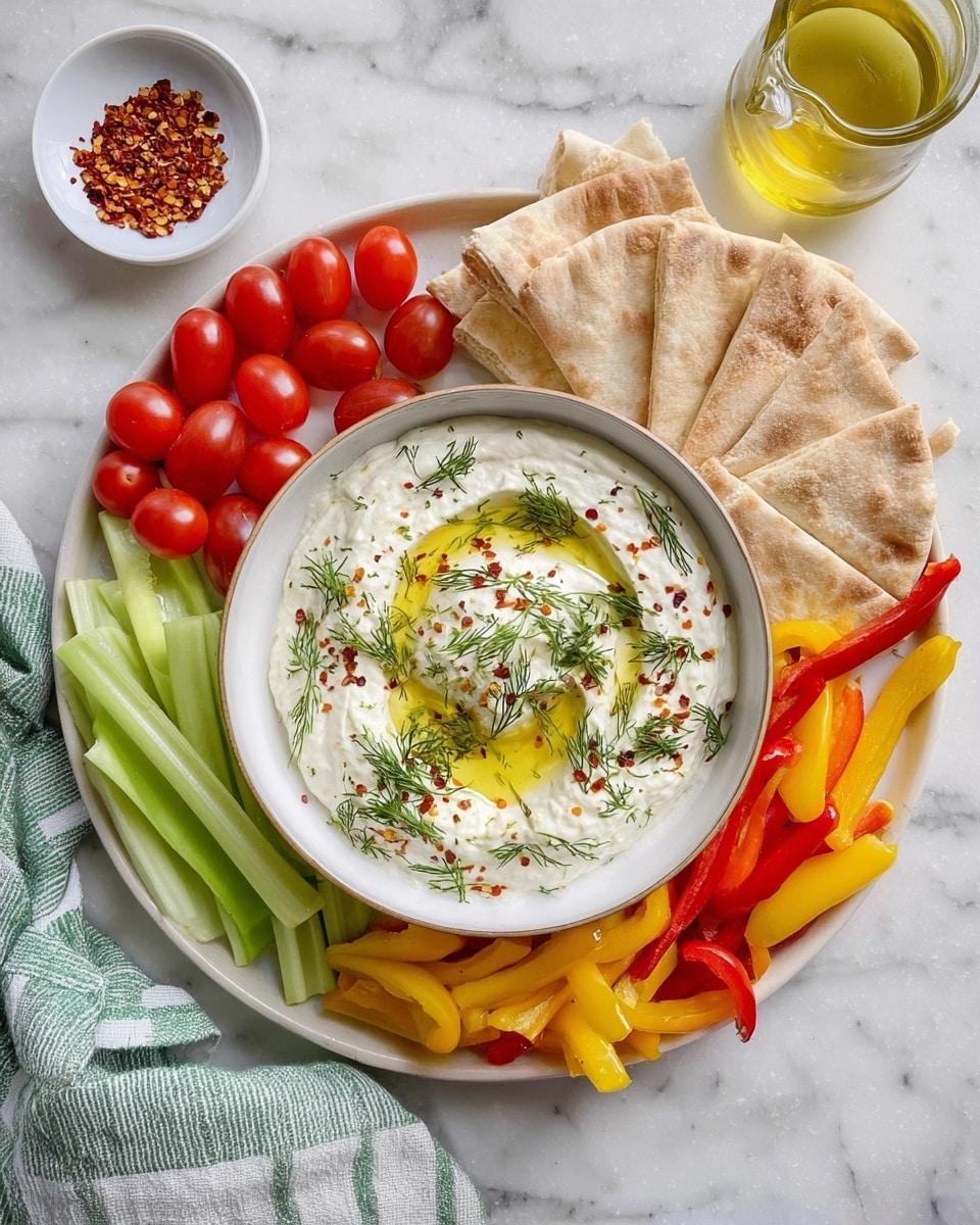 A large round white plate shows a bowl of creamy white dip with a swirl of olive oil on top and sprinkled with green dill and red chili flakes in the center. Around the bowl, there are four groups of veggies and bread: bright red cherry tomatoes cut in halves on the left, yellow and red sweet mini peppers below them, green celery sticks stacked neatly on the right, and beige pita bread triangles stacked above the bowl. The plate sits on a white marbled surface with a small white bowl of chili flakes and a glass container of olive oil nearby. A green and white striped cloth is partly visible on the left side. Photo taken with an iphone --ar 4:5 --v 7