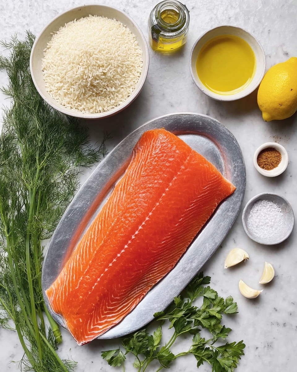A single large piece of bright orange fresh salmon with white lines runs across a silver oval plate placed on a white marbled surface. Around the plate, there are several fresh green herbs like dill and parsley on the left. Closer to the top, there is a bowl filled with uncooked white rice and next to it, a small white bowl filled with yellow olive oil. Near the top right, a whole bright yellow lemon, a small jar of brown spice, a small white plate with white granules, and five cloves of garlic sit scattered neatly. photo taken with an iphone --ar 4:5 --v 7