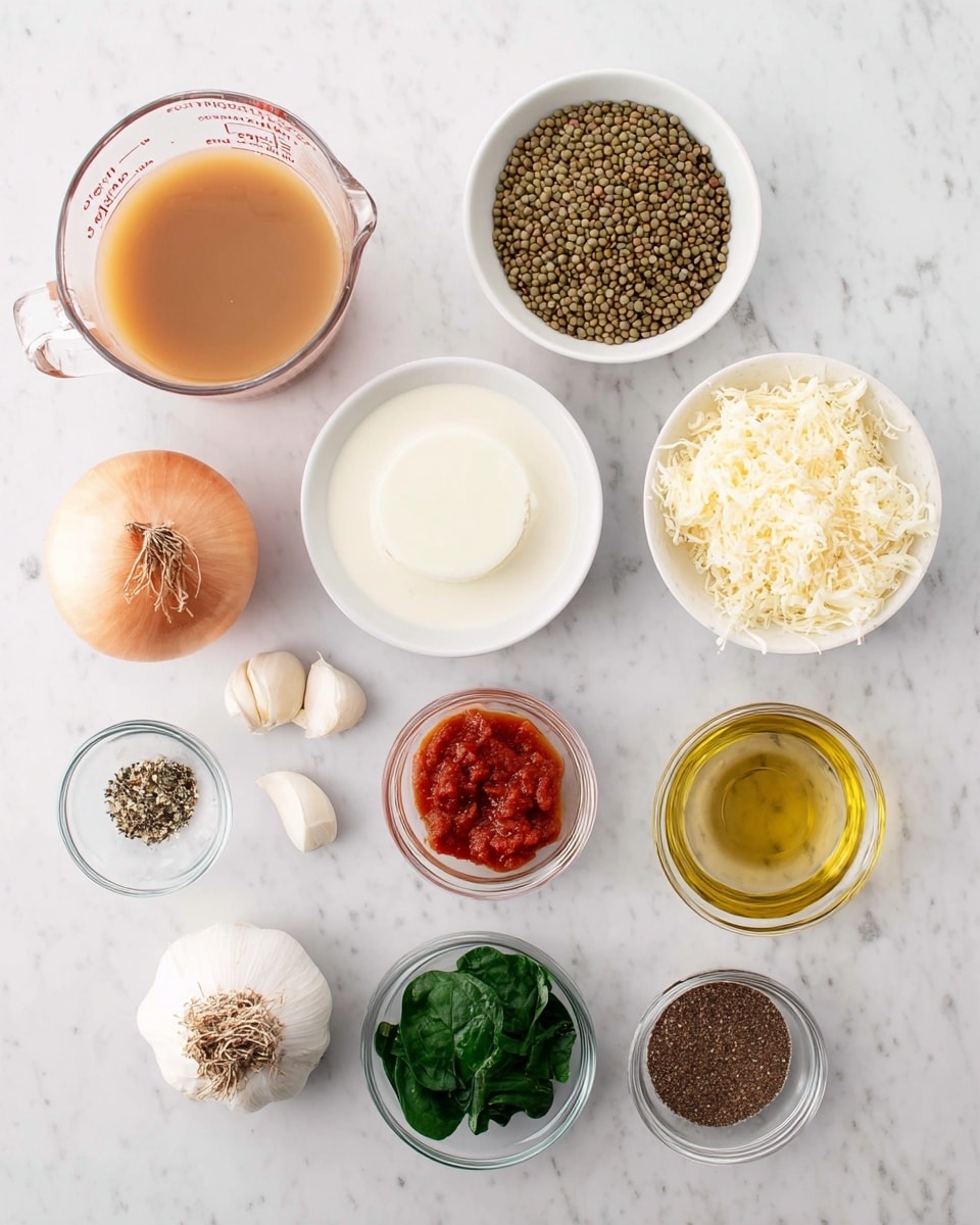 A top-down view of ingredients placed neatly on a white marbled surface. There is a clear measuring cup filled with light brown broth at the top left, next to a white bowl with green lentils, and a glass bowl of grated pale yellow cheese at the top right. Below them, from left to right, are a white bowl of cream, half of a white onion with brown skin, a small glass bowl of golden oil with herbs, and a small glass bowl filled with dark brown paste. At the bottom left are three garlic cloves, a small glass bowl containing salt, black pepper, and dried herbs, a small glass bowl of bright red tomato paste, and a small glass bowl of chopped green spinach. photo taken with an iphone --ar 4:5 --v 7