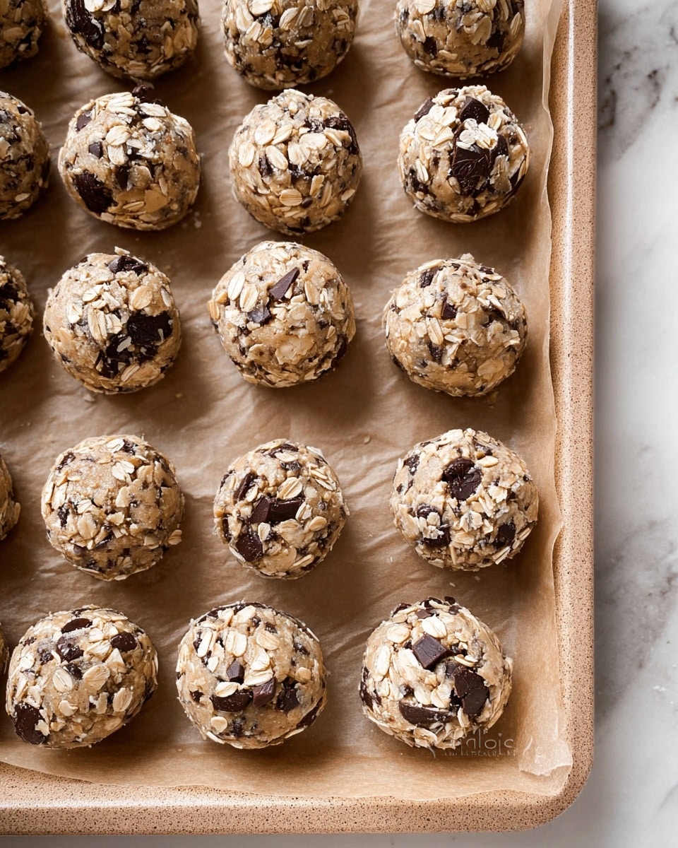 The image shows many small round cookie dough balls on a baking tray lined with parchment paper. Each cookie dough ball is light beige in color with visible small chunks of dark chocolate and sprinkled oats on top. The dough pieces appear soft with rough texture, dotted with darker chocolate bits and pale oat flakes. The tray is beige and placed on a white marbled texture surface. photo taken with an iphone --ar 4:5 --v 7