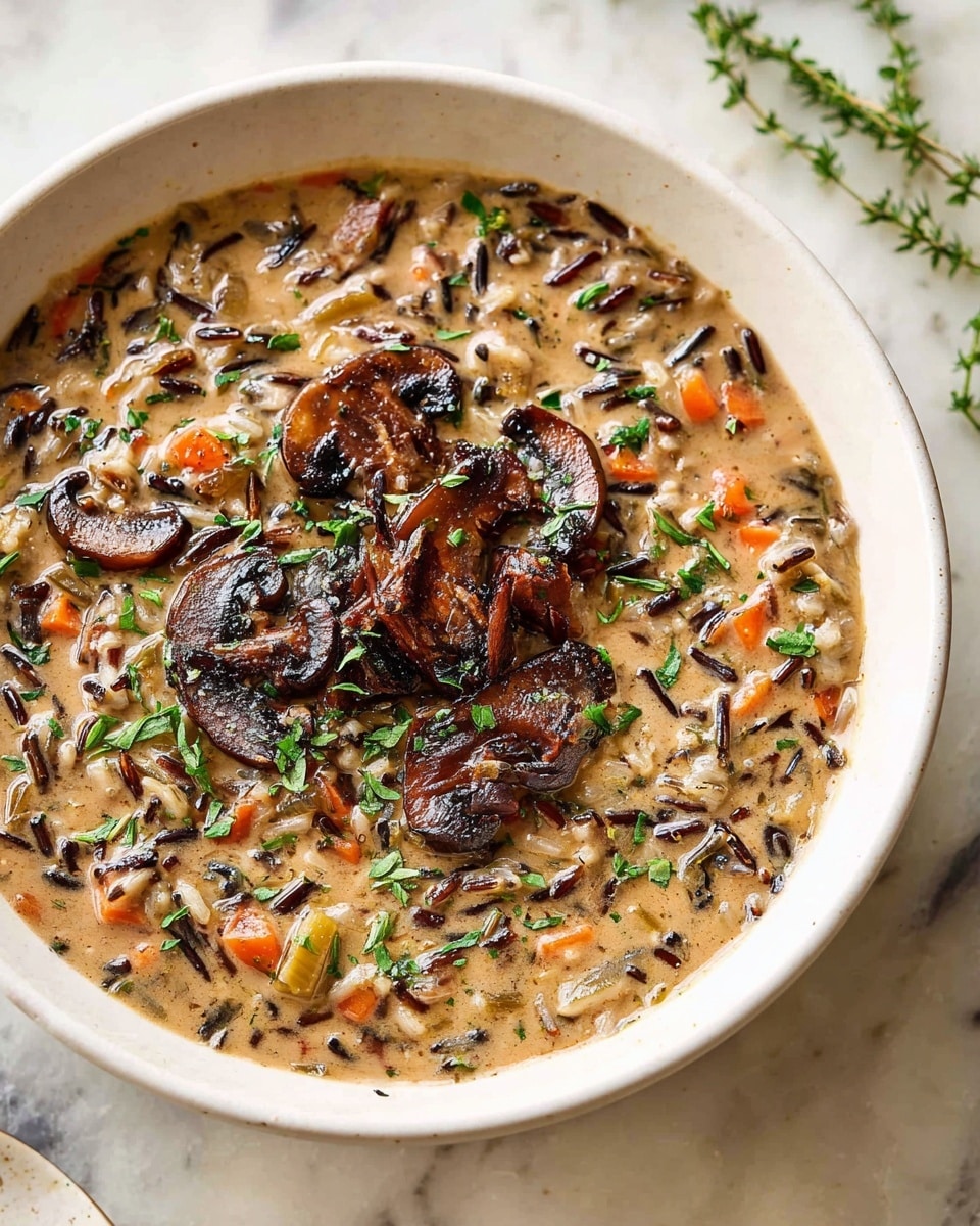 A white bowl filled with creamy mushroom wild rice soup sits on a white marbled surface, showing a thick, light brown base mixed with visible grains of wild rice, diced orange carrots, and small green herb leaves scattered throughout. On top, layers of darker browned, sautéed mushroom slices with a shiny, slightly glossy texture cover the center of the soup, sprinkled with fresh green herbs adding a touch of brightness. The edges of the soup are smooth and thick with bits of rice and vegetables visible beneath the surface. Photo taken with an iphone --ar 4:5 --v 7