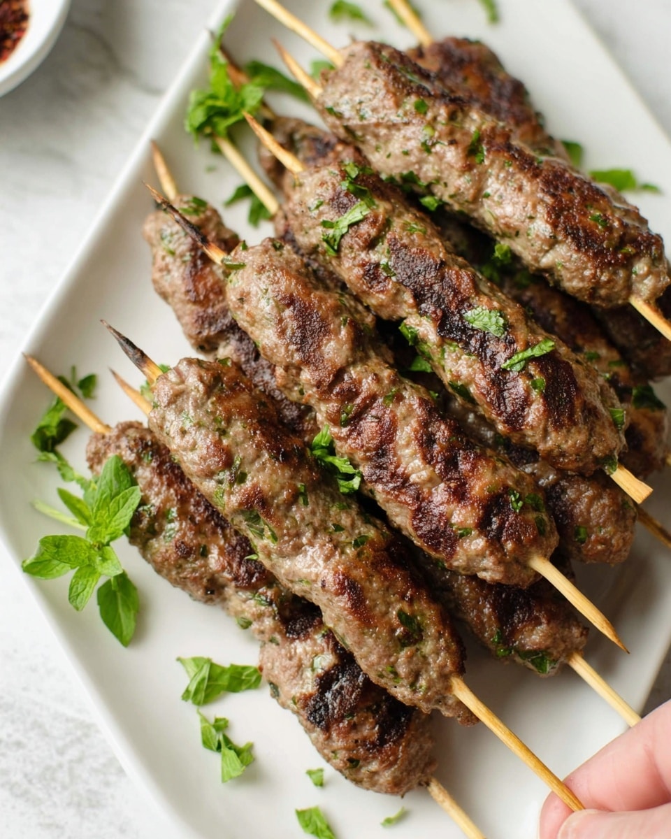 A white rectangular plate holds multiple grilled kebabs on wooden sticks. Each kebab is browned with some darker grill marks and speckled with green herbs on the textured meat surface. Small fresh green herb leaves are scattered over the kebabs and the plate, adding a fresh look. The plate sits on a white marbled surface, and a woman's hand is holding one of the kebabs from the bottom corner. Photo taken with an iphone --ar 4:5 --v 7