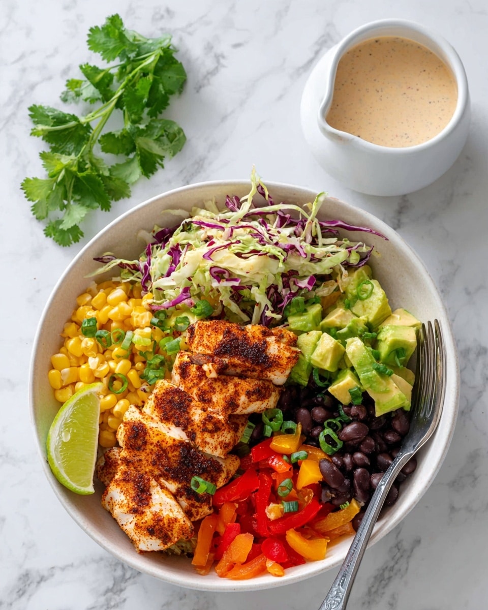 A white bowl sits on a white marbled surface, filled with a colorful layered meal. At the bottom, a mix of yellow corn, black beans, and red bell peppers create a bright base. On one side, there are chunky green avocado pieces sprinkled with some chopped green onions. Next to the avocado is a pile of mixed shredded cabbage and carrots, topped with green onion slices. On the other side, pieces of seasoned, grilled white fish with a reddish-brown spice coating are placed on top of the vegetable base, also garnished with green onion. A lime wedge rests near the grilled fish. A fork is placed inside the bowl on the right side. Above the bowl, there is a small white cup with a spoon inside, filled with a light beige creamy sauce. A small sprig of fresh cilantro lies next to the cup. Photo taken with an iphone --ar 4:5 --v 7