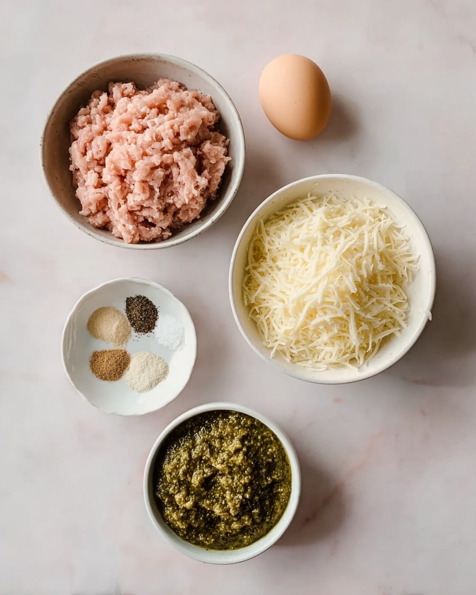 The image shows five small bowls and one whole egg placed on a white marbled surface. The top left bowl holds pink ground meat with a soft texture, filling the bowl. To the right, there is a white bowl filled with shredded white cheese. Below the cheese, there is a white small bowl containing three different dry spices arranged in sections one dark brown, one light beige, and one white. At the bottom left, a white bowl contains a thick green pesto sauce with a coarse texture. The egg rests between the bowls of shredded cheese and spices. Photo taken with an iphone --ar 4:5 --v 7