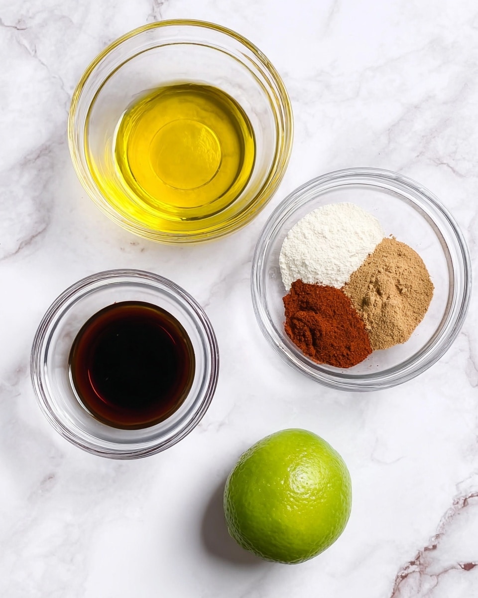 The image shows four items placed on a white marbled surface: a clear glass bowl at the top left filled with a golden yellow liquid, a clear glass bowl at the top right containing four separate piles of dry spices - two white powders, one light brown powder, and one dark red powder, a clear glass bowl at the bottom left filled with a dark brown liquid, and a whole bright green lime located at the bottom right. All glass bowls are transparent and simple in design. photo taken with an iphone --ar 4:5 --v 7
