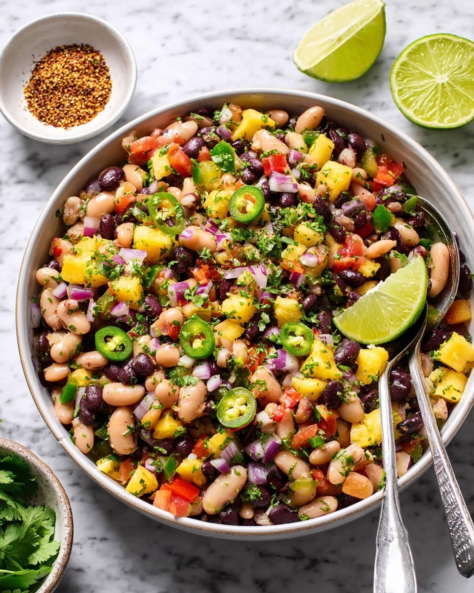 A large bowl filled with a colorful bean salad showing three main layers of chopped ingredients: white beans, black beans, and bright yellow diced pineapple mixed together with small pieces of red tomato, green jalapeño, and thin slices of purple onion, sprinkled with chopped green cilantro. The salad is garnished with a lime wedge on the side and a silver spoon resting inside the bowl. The bowl is white and sits on a white marbled surface with a small white dish of spice mix and fresh cilantro and lime halves nearby. Photo taken with an iphone --ar 4:5 --v 7