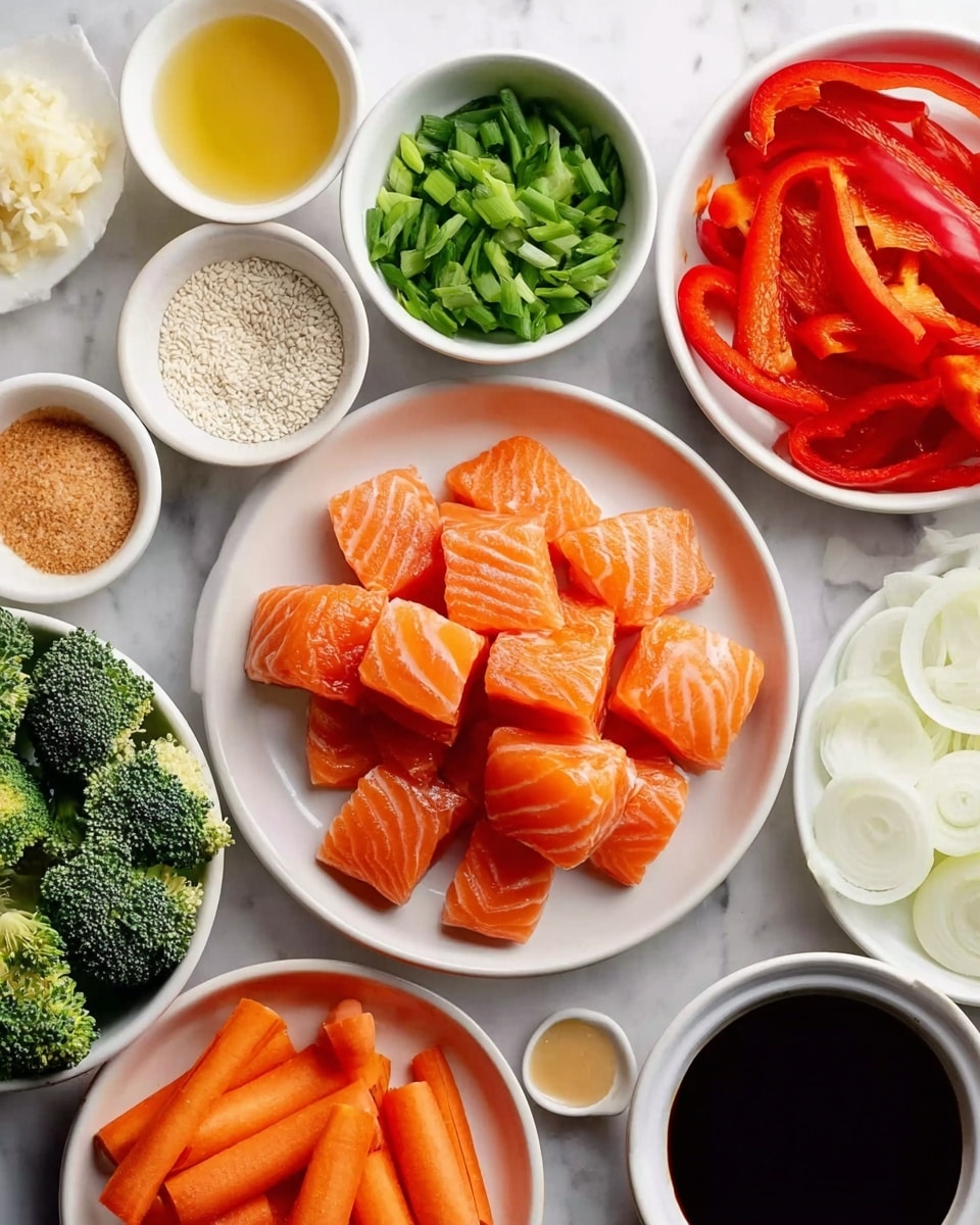 A white bowl in the center holds bright orange salmon pieces with light white stripes layered neatly. Surrounding the bowl, smaller white bowls contain various fresh ingredients: a bowl of thinly sliced white onions on the bottom right, orange carrot sticks on the bottom left, green broccoli florets on the middle left, chopped green onions above the broccoli, sesame seeds to the left of the salmon bowl, a pale yellow sauce on the left, coarse salt above the salmon, a light brown powder to the left of the salt, golden brown liquid above the powder, bright red bell pepper strips on the top right, and dark brown soy sauce on the right edge. A white marbled surface underlies all the bowls. photo taken with an iphone --ar 4:5 --v 7