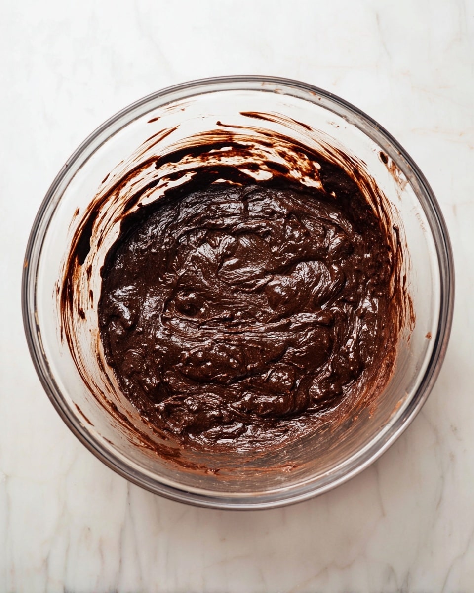 A clear glass bowl sits on a white marbled surface, filled with a thick, dark brown chocolate batter that has a glossy, slightly uneven texture. The batter spreads evenly inside the bowl, with some smudges and streaks of chocolate clinging to the inner sides of the bowl, showing the mixing process. The rich dark color of the chocolate contrasts with the transparent bowl and the light marbled background. photo taken with an iphone --ar 4:5 --v 7
