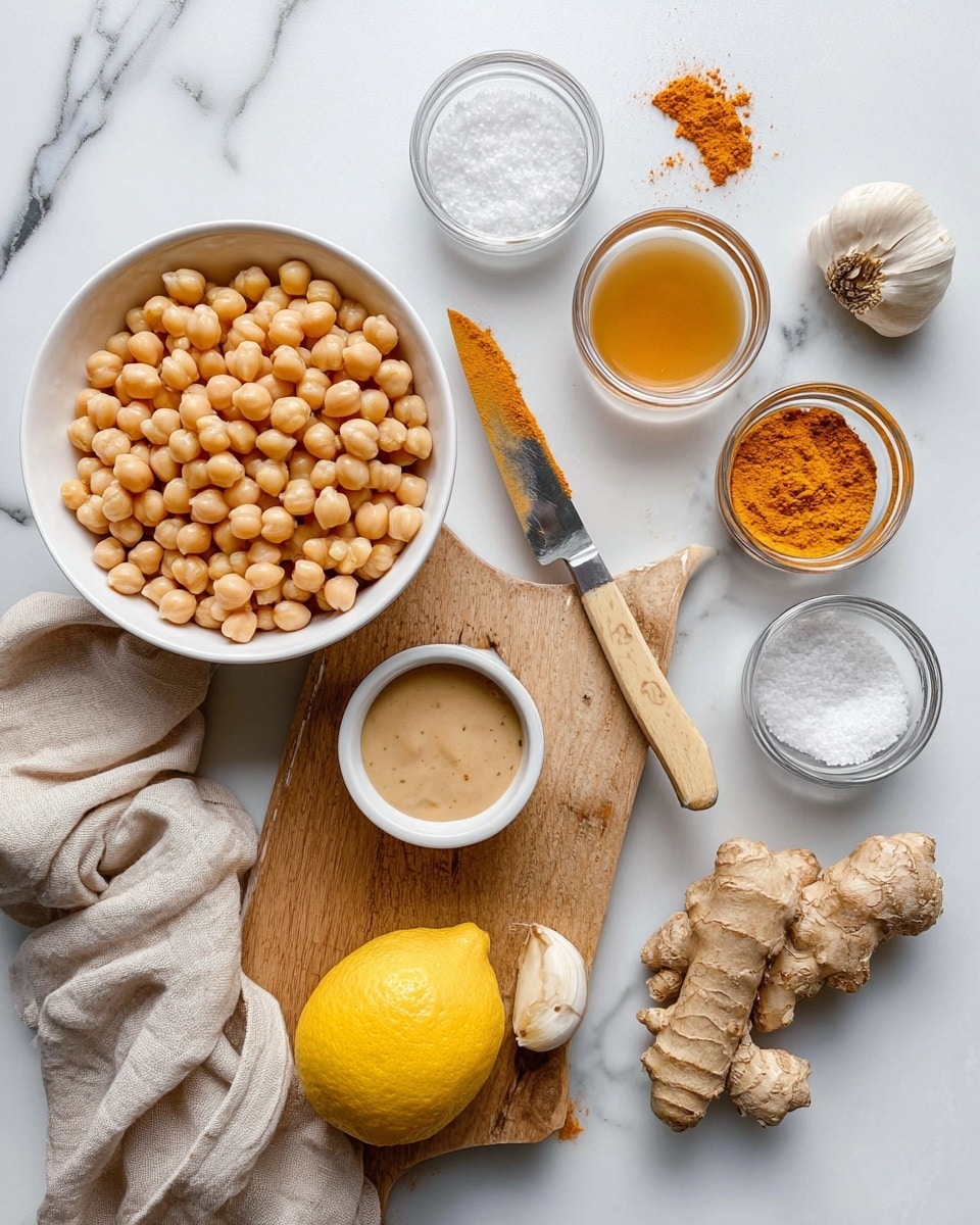 The image shows a white bowl filled with light beige chickpeas on the bottom left, next to a soft beige cloth. To the right, a wooden cutting board holds a halved bright yellow lemon at the bottom, a small white bowl of white powder near it, a small white bowl filled with coarse salt above, and a clove of garlic next to it. A knife with a light wooden handle rests diagonally on the cutting board. Above and around the board are three small white bowls containing a golden brown liquid, a smooth beige creamy sauce, and two bowls of vibrant orange powdered spices. The background is a white marbled surface with a piece of fresh ginger root visible on the bottom right. Photo taken with an iphone --ar 4:5 --v 7