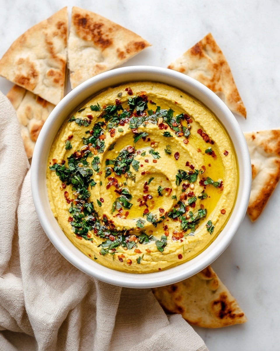 A white bowl filled with smooth, creamy yellow hummus swirled to show texture, topped with bright green chopped herbs and red chili flakes scattered evenly over the surface. Around the bowl on a white marbled surface, there are triangular pieces of warm flatbread with toasty brown spots, arranged loosely with some overlapping a soft beige cloth. The colors are warm and inviting, with a contrast between the hummus, toppings, and bread. Photo taken with an iphone --ar 4:5 --v 7