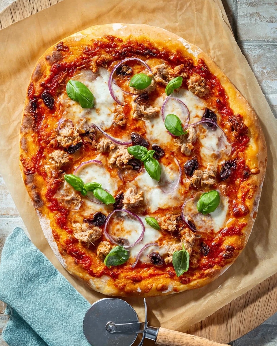 A freshly baked pizza on parchment paper resting on a wooden board, showing one thick golden-brown crust layer with a slightly charred edge; the first layer is bright red tomato sauce spread evenly, topped by soft melted white mozzarella cheese forming several small pools; scattered over the cheese are chunks of light brown cooked tuna, thin slices of purple-red onion, dark brown olives, and fresh green basil leaves spread across the surface for color contrast; next to the pizza is a metal pizza cutter with a wooden handle resting on a pale blue cloth. Photo taken with an iphone --ar 4:5 --v 7
