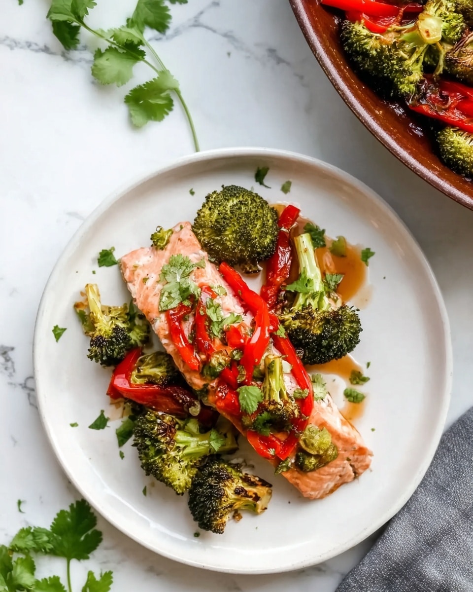 A white round plate sits on a white marbled surface, holding a piece of cooked salmon that is light pink and slightly glazed in the center. On top and around the salmon are roasted green broccoli florets with slightly darkened edges. Bright red bell pepper strips are scattered over the broccoli and salmon. Small green herb leaves, likely cilantro, are sprinkled on top and around the dish. In the upper right corner, part of a brown pan filled with more broccoli and red bell pepper strips is visible. Fresh green cilantro sprigs lie on the white marbled surface near the plate. Photo taken with an iphone --ar 4:5 --v 7
