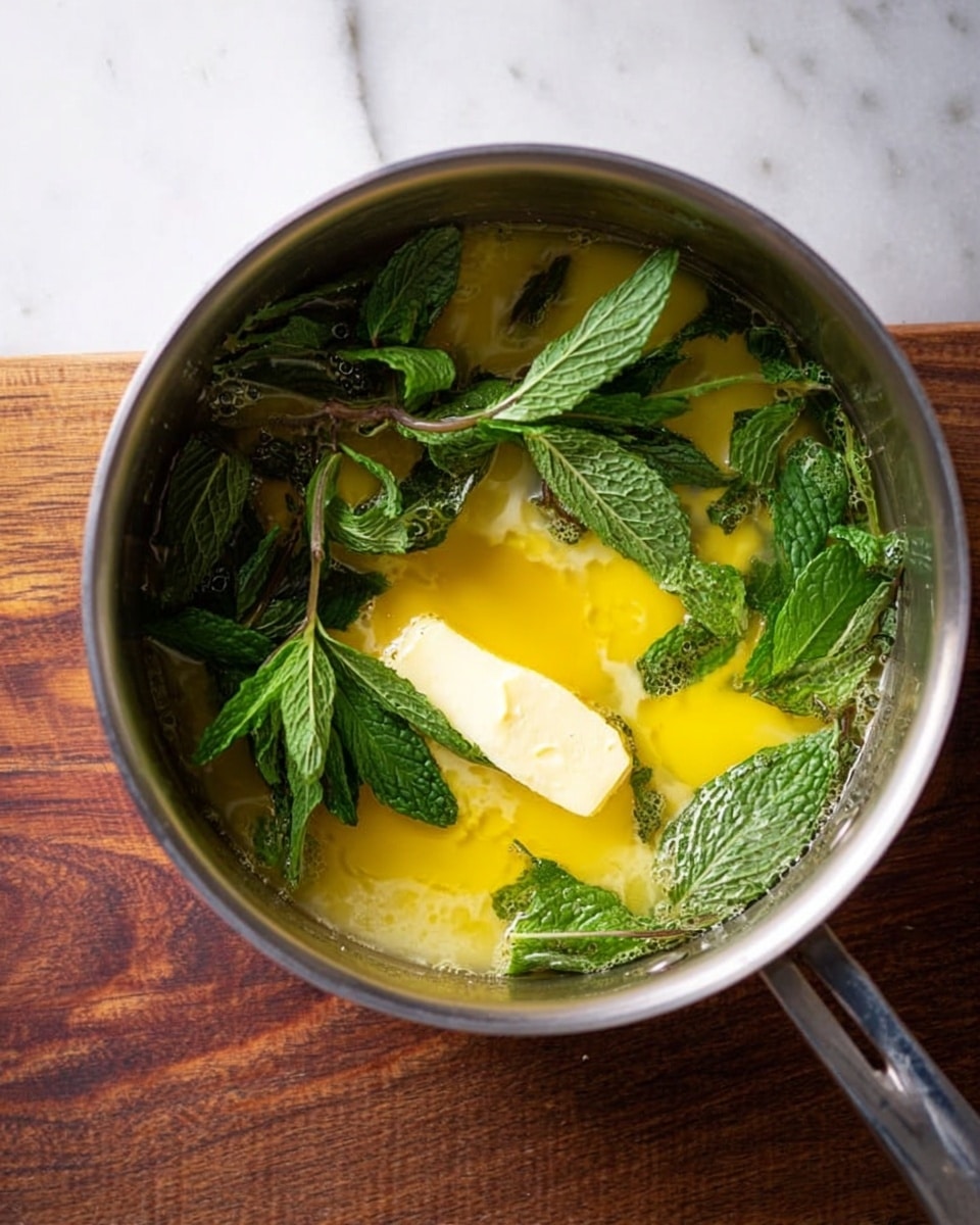 A silver cooking pot holds a mixture of melted yellow butter and fresh green mint leaves. The butter is somewhat melted, with a solid piece still visible in the center. The bright green mint leaves are scattered on top and around the butter, creating a fresh contrast with the yellow liquid. The pot is placed on a wooden surface, but for the description, imagine it on a white marbled texture. Photo taken with an iphone --ar 4:5 --v 7