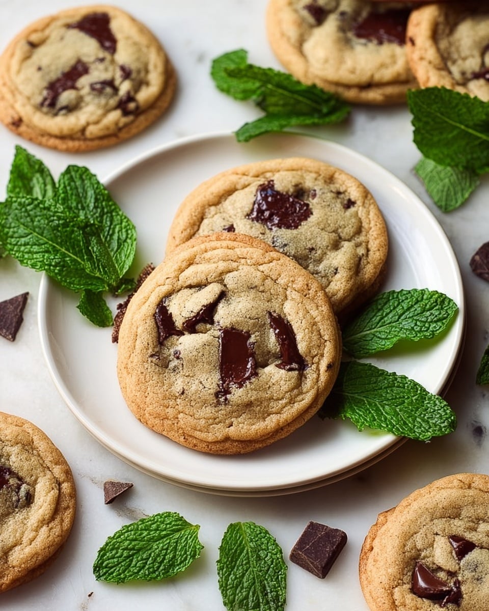 A white round plate sits on a white marbled surface, holding two golden brown chocolate chip cookies with visible chunks of dark chocolate and slightly cracked tops. Around the plate, several more cookies are scattered directly on the surface, each showing the same golden texture with melted chocolate spots. Bright green fresh mint leaves are placed both on the plate and scattered around the cookies on the surface, adding a pop of color to the warm tones of the cookies. The texture of the cookies looks slightly crisp on the edges and soft in the middle. photo taken with an iphone --ar 4:5 --v 7
