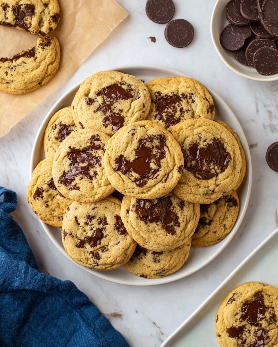 A white plate filled with about ten soft, round chocolate chip cookies stacked and overlapping each other, each cookie golden brown with dark melted chocolate chips scattered across the top and some chocolate streaks. There is a smaller white rectangular plate with a single cookie in the bottom right corner of the image. In the top left corner, part of a cookie is broken and placed on light brown parchment paper. To the top right, a white bowl holds dark chocolate discs with a few scattered nearby on a white marbled surface. A dark blue cloth is partially visible at the bottom left corner of the image. photo taken with an iphone --ar 4:5 --v 7