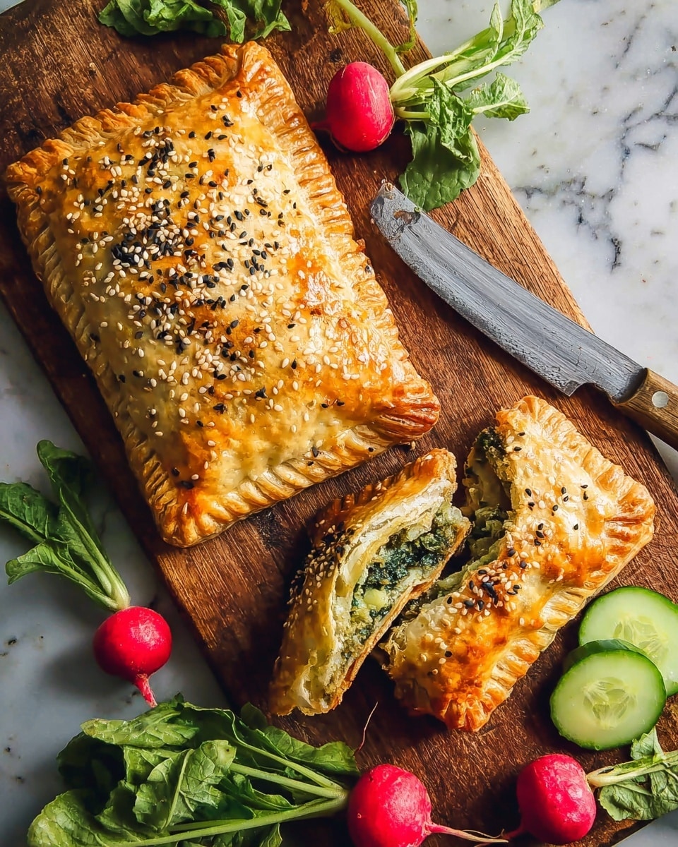 Two golden brown rectangular pastries with crispy, slightly flaky texture are placed on a wooden board; one pastry is whole, sprinkled with black and white sesame seeds, while the other is broken open, revealing a green vegetable filling. Around the pastries are fresh radishes with leafy green tops and sliced cucumbers, adding bright reds and greens to the scene. A knife with a silver blade lies to the right on the board, which rests on a white marbled surface. photo taken with an iphone --ar 4:5 --v 7