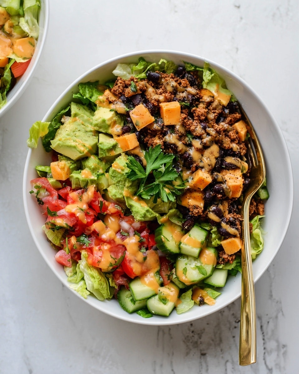 A white bowl filled with a colorful salad shows three main layers. The bottom layer is chopped green lettuce spread evenly, topped with small cubes of orange cheese, red tomato pieces, green avocado chunks, and small slices of pickles on the side. The middle layer has crumbled, cooked black beans mixed with some sauce drizzled on top giving a shiny look. The salad is finished off with a fresh green parsley sprig placed right in the middle. A gold fork rests on the right side inside the bowl, all sitting on a white marbled surface. Photo taken with an iphone --ar 4:5 --v 7
