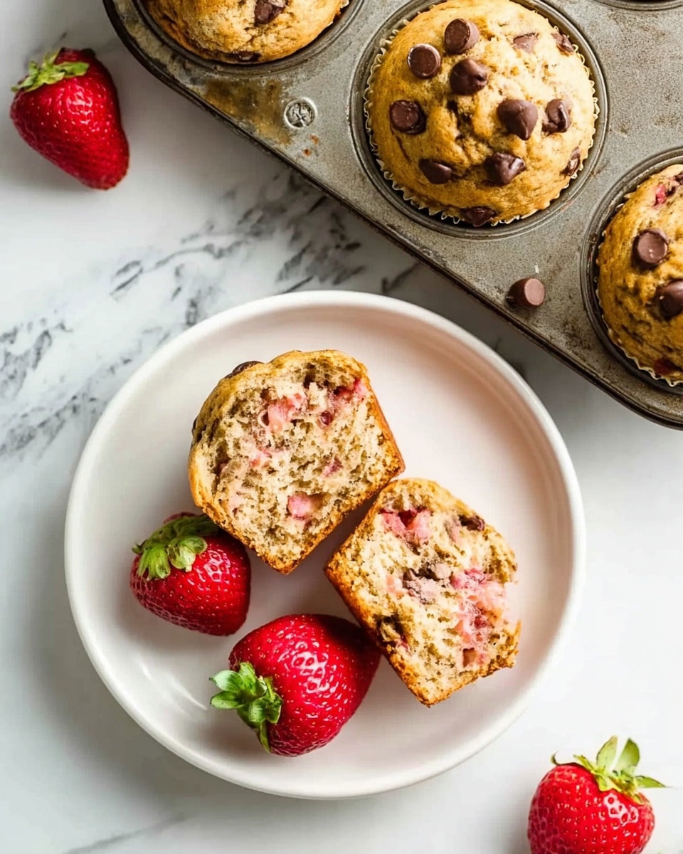A white plate holds a broken open muffin showing a soft and moist inside filled with small pink pieces and chocolate chips, giving it a speckled texture, with three bright red strawberries placed next to it, their green tops fresh and vibrant. Above the plate, part of a muffin tray is visible, containing muffins topped with scattered chocolate chips, showing a golden-brown color with a slightly rough texture on top. The whole scene rests on a white marbled surface with subtle grey veins. photo taken with an iphone --ar 4:5 --v 7