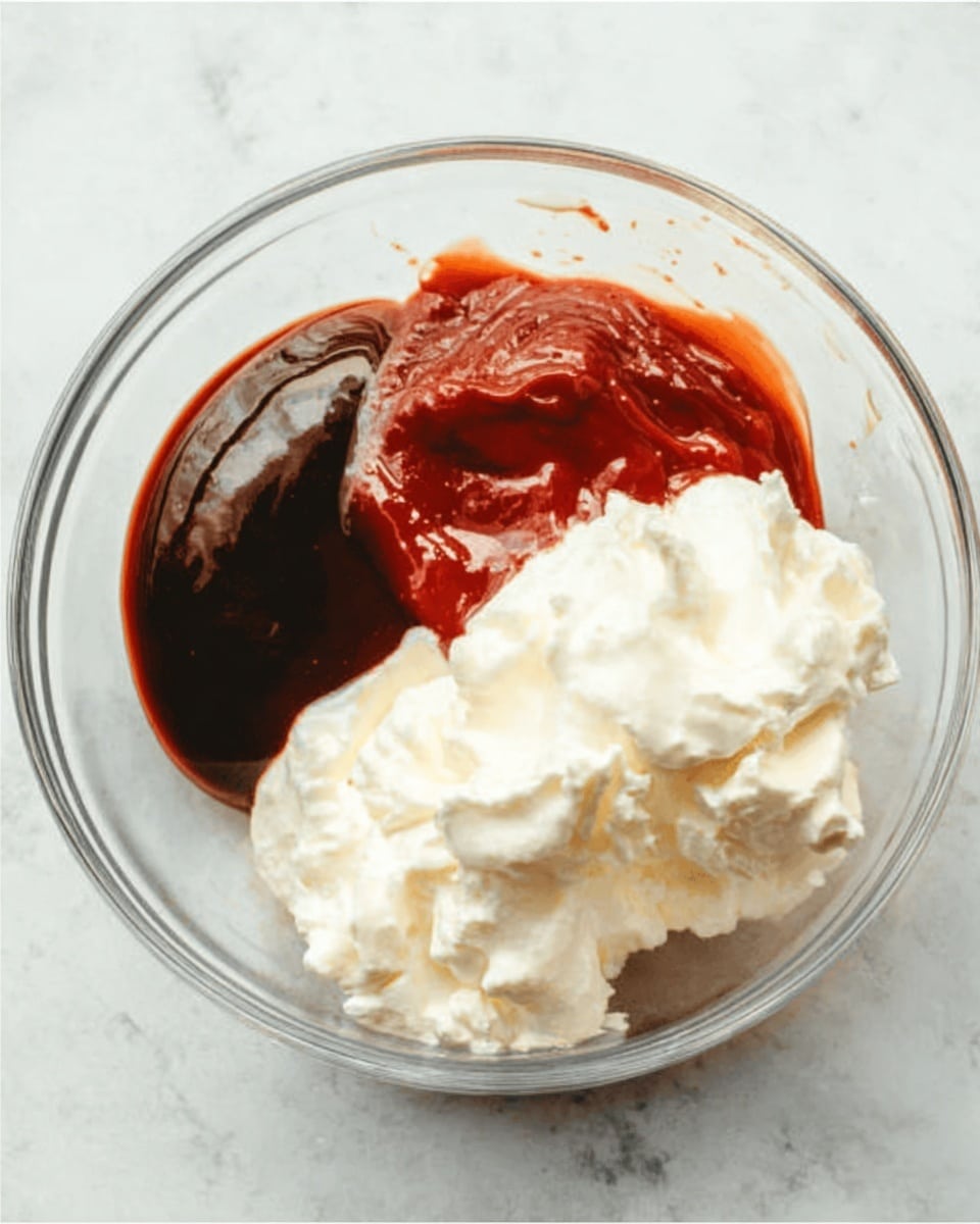 A clear bowl on a white marbled texture surface holds three distinct layers of ingredients side by side. On the left, a glossy dark brown sauce with a smooth texture. On the upper right, a thick red sauce with a rich, slightly shiny surface and gentle folds. On the lower right, a fluffy white creamy layer with soft peaks and a light texture. Photo taken with an iphone --ar 4:5 --v 7