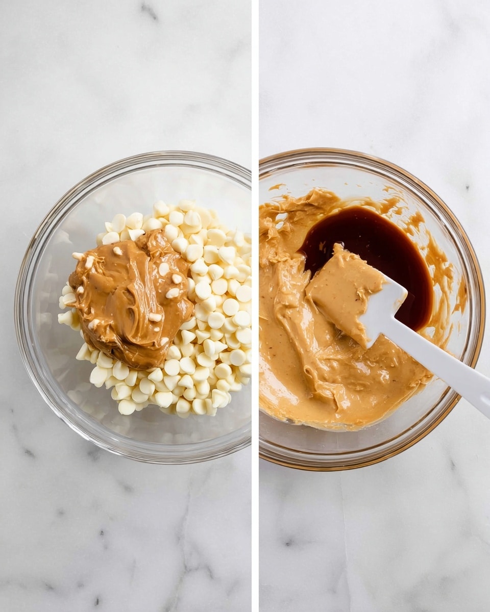 The image shows two clear glass bowls on a white marbled surface. The left bowl contains three layers: at the base, a cluster of small white chocolate chips mixed with butter pieces, topped by a smooth dollop of peanut butter, all unmixed. The right bowl shows a creamy peanut butter mixture that is smooth and light brown, with a small pool of dark vanilla liquid resting on the lower right side, partially mixed with the peanut butter. A white spatula with a flat edge is partially immersed in the mixture, positioned near the top right edge of the bowl. Photo taken with an iphone --ar 4:5 --v 7