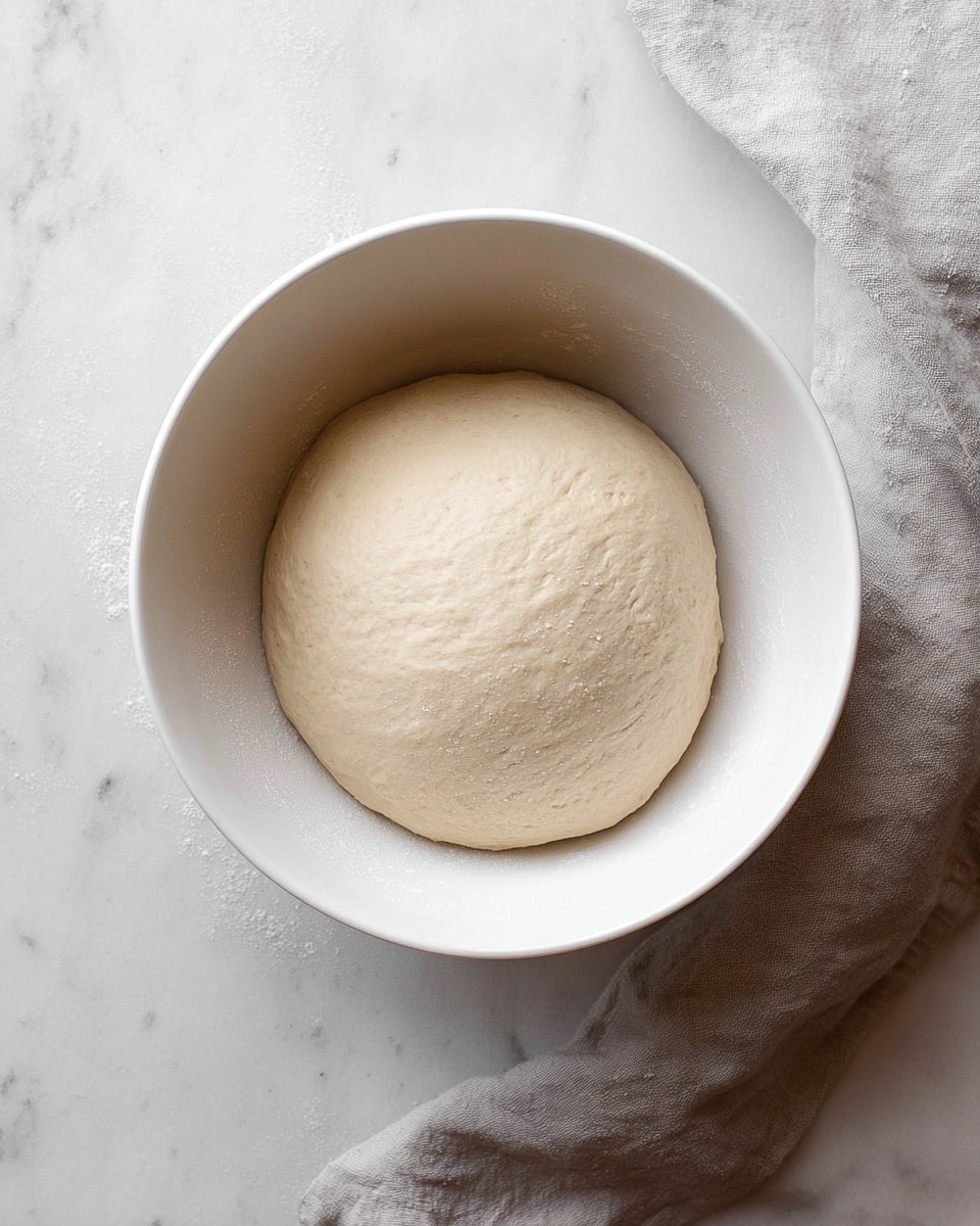 A smooth, round ball of light beige dough sits centered inside a white bowl. The dough has a slightly shiny, soft surface with subtle texture from being stretched and rested. The bowl rests on a white marbled surface, and a light gray linen cloth is casually placed to the right side, just beneath the bowl. The soft natural light highlights the dough’s delicate texture and the clean simplicity of the scene. photo taken with an iphone --ar 4:5 --v 7