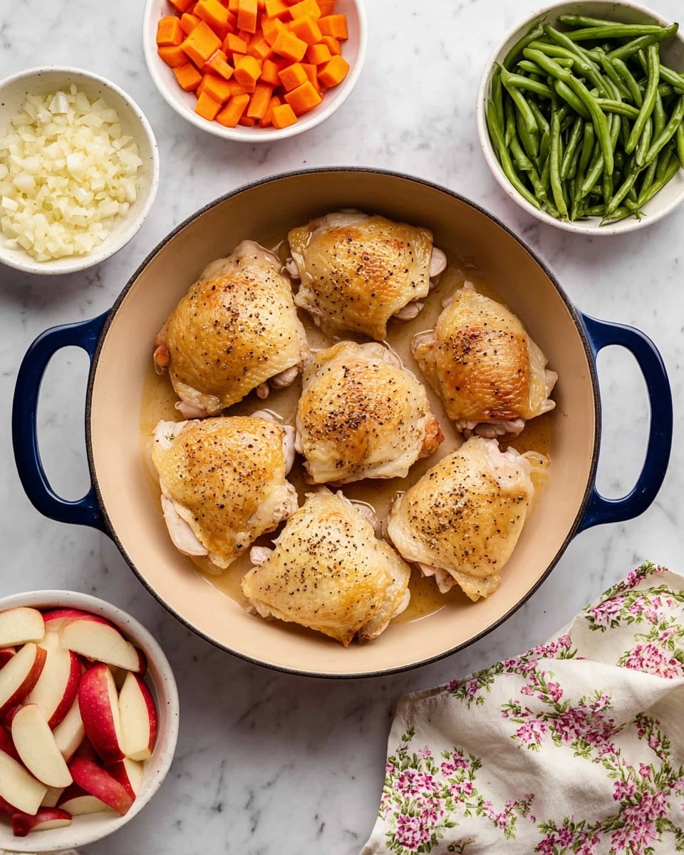 The image shows six cooked chicken thighs with a light golden-brown skin and sprinkled with black pepper, arranged in a circle inside a beige pan with dark blue handles on each side. Around the pan are four small white bowls each filled with different ingredients: chopped onions and minced garlic on the left top, diced orange carrots on the top left, fresh green beans on the top right, and sliced red and white apple pieces on the bottom left. The items are on a white marbled surface next to a cloth with a floral design partly shown on the right side. Photo taken with an iphone --ar 4:5 --v 7