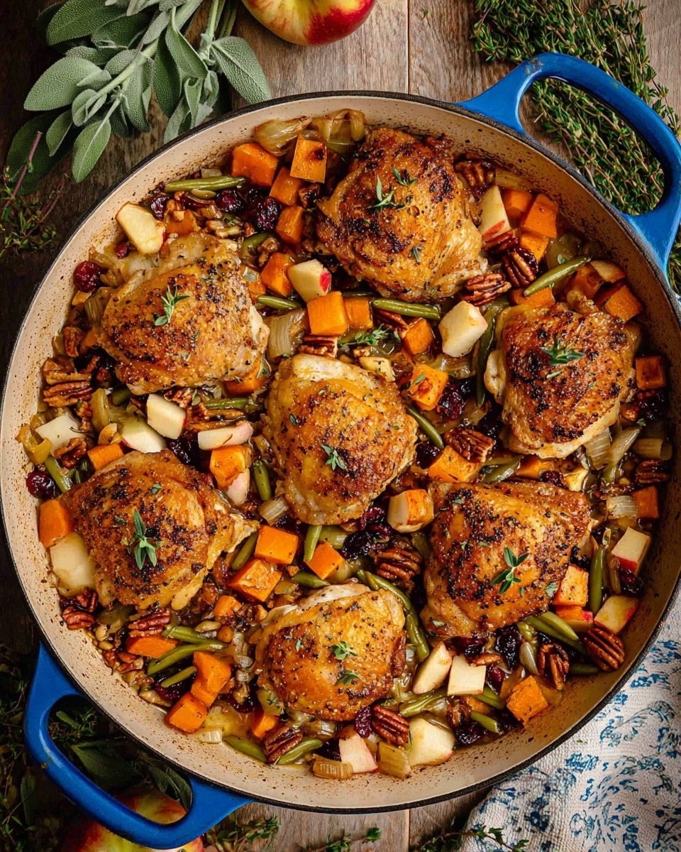 A large blue handled round pan holds a baked dish with five golden brown chicken thighs placed evenly on top. The chicken thighs have crispy skin with black pepper and small green herb leaves sprinkled on them. Below and around the chicken thighs are layers of diced orange squash, green beans, sliced apples with red skin, chopped pecans, onion slices, and dark dried cranberries. The pan is placed on a wooden surface with fresh herbs like sage and thyme beside it. The colors are warm and autumn-like with a mix of orange, green, red, and brown tones. photo taken with an iphone --ar 4:5 --v 7