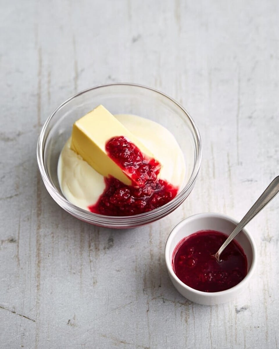 A clear glass bowl sits on a white marbled surface, containing three distinct layers: a thick layer of smooth white cream at the bottom, topped with a red chunky berry sauce slightly spilling on one side, and a stick of pale yellow butter resting diagonally on top. Nearby, a small white bowl holds more red berry sauce, with a silver spoon inside it. Photo taken with an iphone --ar 4:5 --v 7