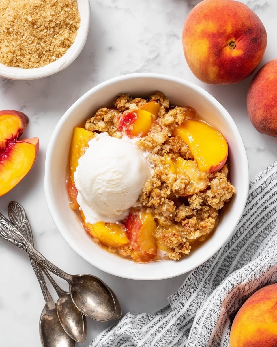The image shows a white bowl filled with a warm peach dessert with three visible layers: the bottom layer is soft, cooked peach slices in orange and yellow tones with a hint of red from the peel; the middle layer is golden brown, crumbly biscuit or crumble topping broken into chunks scattered unevenly; and the top layer is a scoop of melting white vanilla ice cream slowly blending down one side of the bowl. Around the bowl are fresh whole peaches, a white bowl with light brown sugar, and two vintage silver spoons on a striped cloth, all set on a white marbled surface. Photo taken with an iphone --ar 4:5 --v 7