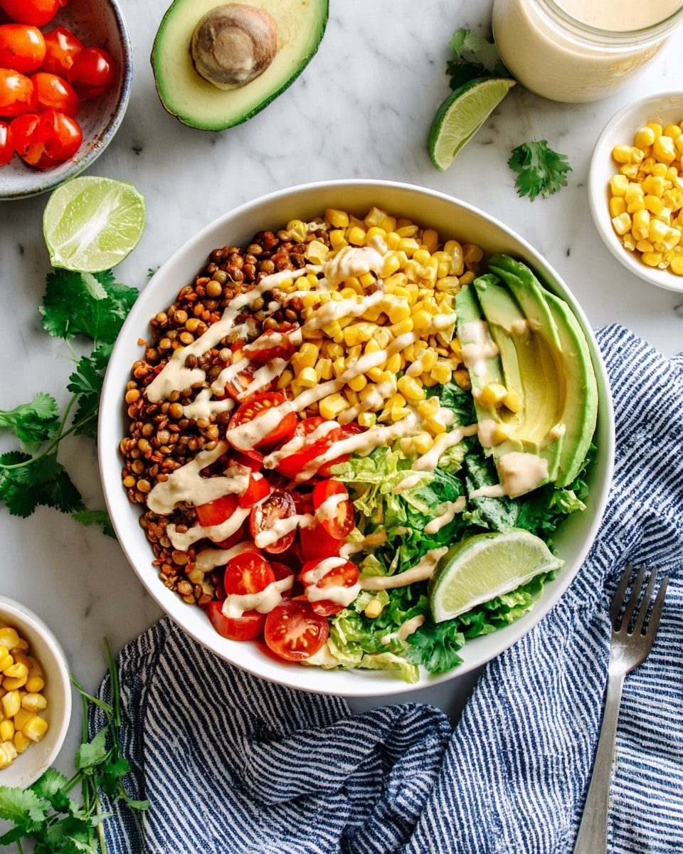 A white bowl sits on a white marbled surface with a blue and white striped cloth partly under it, filled with five main layers arranged next to each other: lentils cooked with small red pieces on the left, bright cherry tomatoes halved and next to the lentils, yellow corn kernels beside the tomatoes, fresh green chopped lettuce next to the corn, and thick slices of avocado above the lettuce. Green cilantro leaves and a lime wedge are on the top right of the bowl, and the whole bowl is drizzled with a light beige creamy sauce. Around the bowl on the surface, there is a halved avocado with stone visible, a bowl of cherry tomatoes, a plate with corn kernels and a spoon, lime wedges with cilantro in a dish, and a jar with creamy sauce. photo taken with an iphone --ar 4:5 --v 7